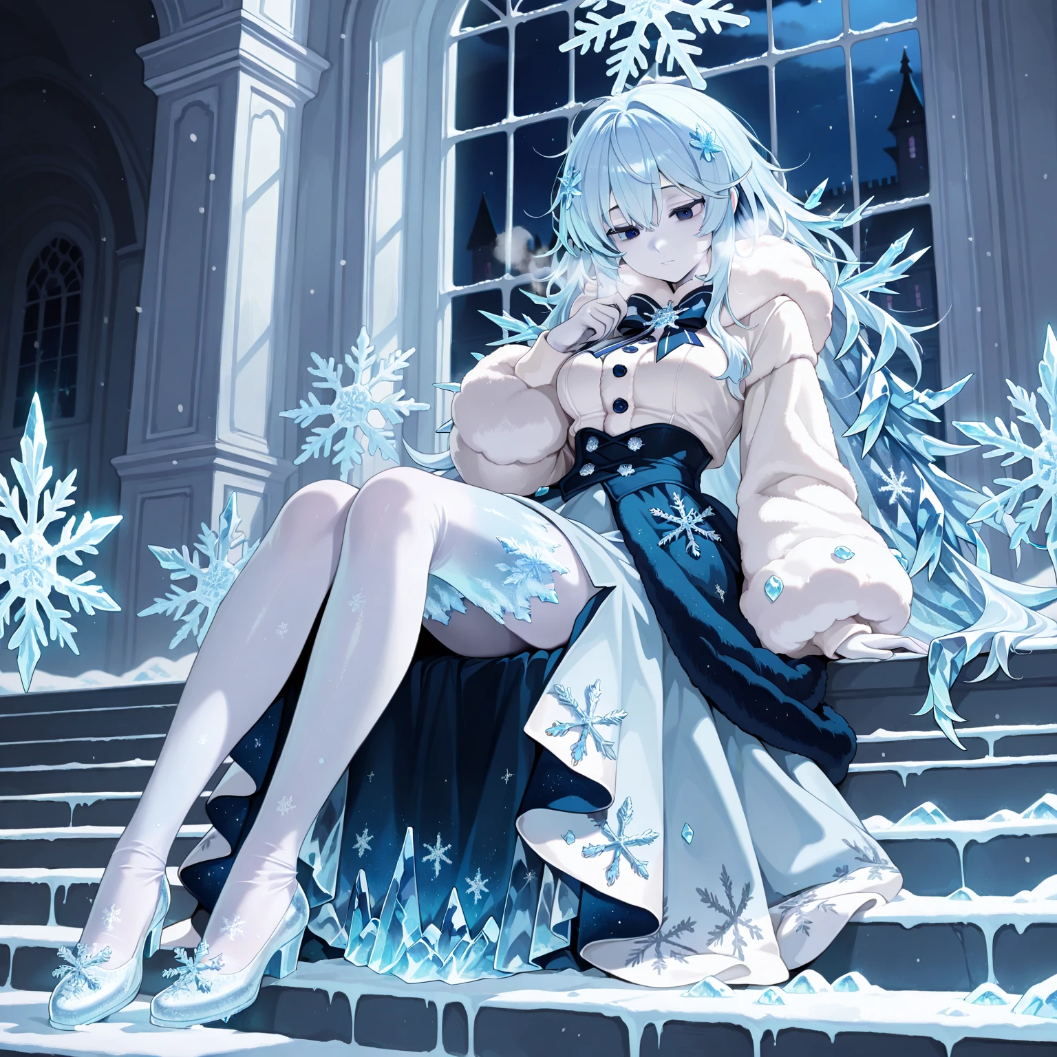 Girl, gray wavy hair with blue strands, gathered in a high ponytail, gray eyes, royal attire, fur jewelry, calm look, white clothes, goddes of ice