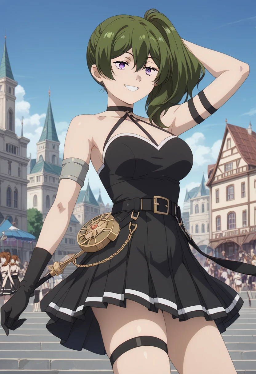 UbelFrieren, purple eyes, dark green hair, medium hair, side ponytail, black choker, arm strap, armlet, black dress, halter dress, cleavage, short dress, belt, sleeveless, single glove, black gloves, thigh strap, black knee boots