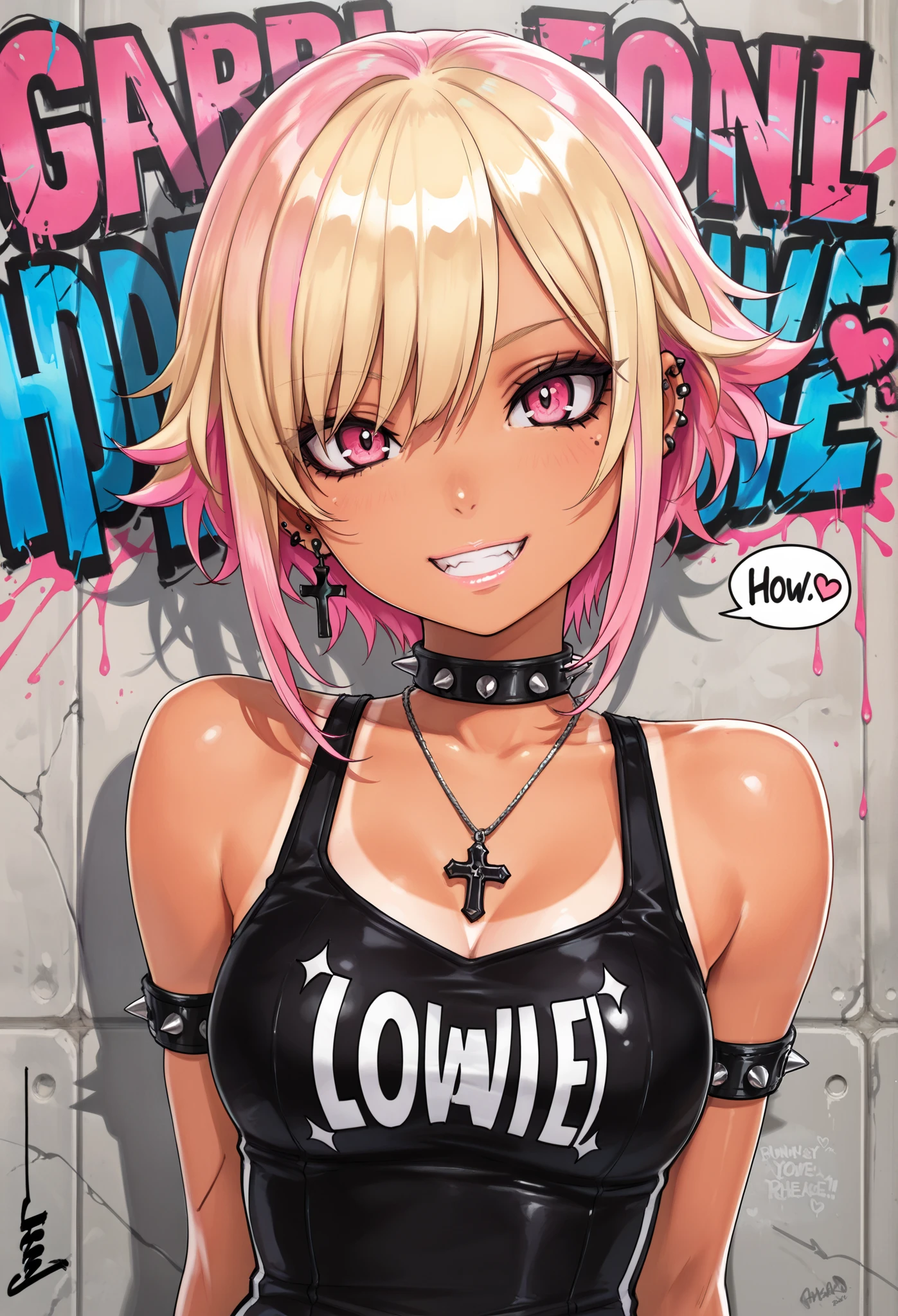 masterpiece, best quality, amazing quality, newest, very aesthetic, 1girl,Image is a digital illustration featuring a stylized character with a punk aesthetic. The character has tan skin and vibrant pink hair with spiky, blonde highlights. They are wearing a black sleeveless top with a cross necklace and a spiked choker. The character's expression is confident, with a wide smile and sharp, pink eyes. They have piercings on their ears and are making a hand gesture with their fingers. The background is plain white, emphasizing the character. In the top left corner, the text 'BUNNYLOVE' is written in a bold, pink, graffiti-style font with a small heart and peace sign incorporated into the design. The character's outfit includes leopard print accents and studded accessories, enhancing the edgy, rebellious theme.