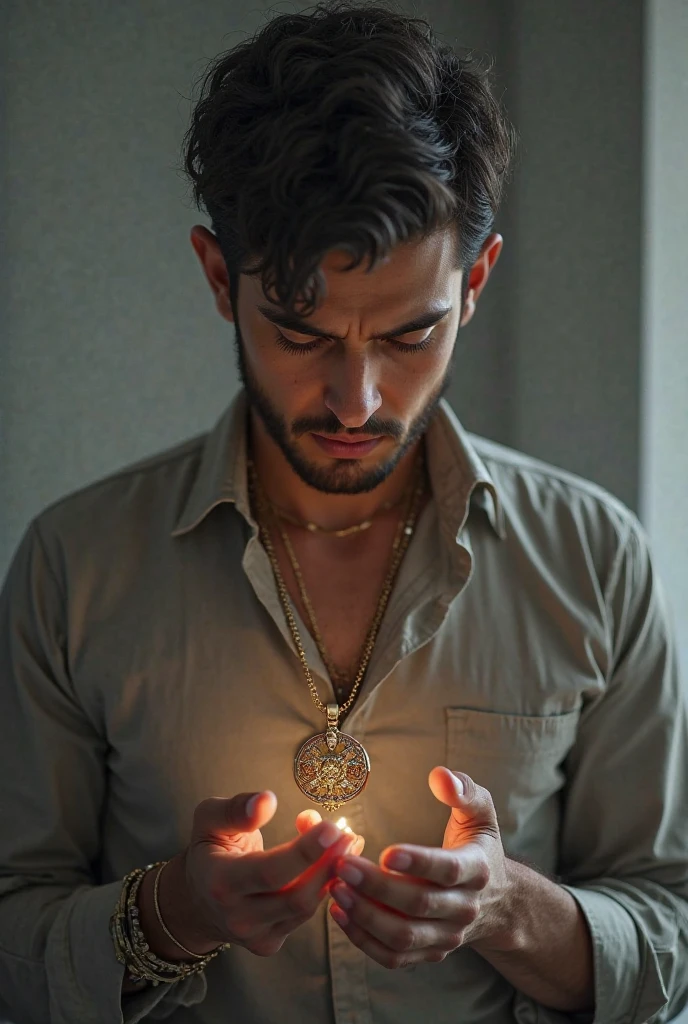 Man around 28 years old, natural black hair and beard, chemise, older, Using a white towel and a watch on the wrist, slender, Light candles in a DARK environment, ultra sharp focus, realistic shot, chemise