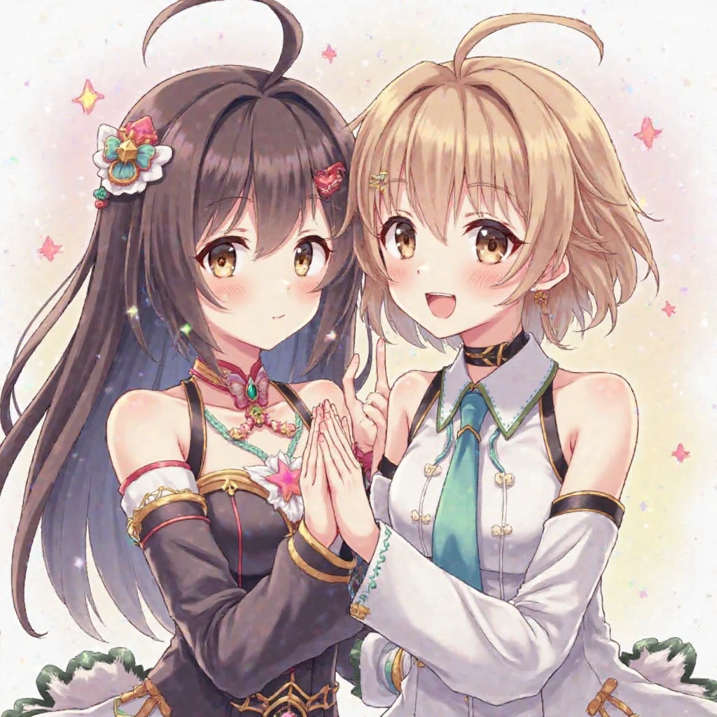 (light brown hair:1.2),(braided short hair:1.3),(hair tied up loosely:1.25),(big ribbon:1.3),(brown eyes:1.4),(Eye size:1.5),(sphere accessories:1.3),((feminine fashion:1.4)),(Background full of blooming flowers:1.5),(blush),(upward glance:1.3),(small breasts:1.4),((focus on face:1.5)),((look up:1.25)),(fashion color White、darkBlue、purple、pink:1.3),(smile:1.2),((Hug your breasts:1.5))