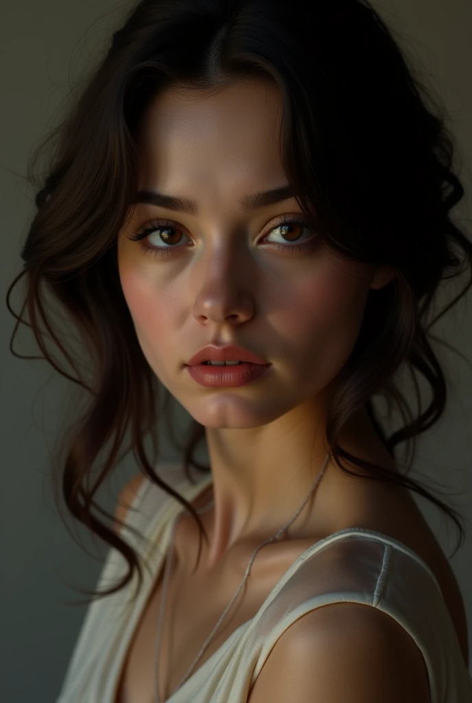 (((ultra realistic))) Photo, masterpiece, top quality, (pale skin), (Ultra detailed face and eyes:1.3), 1 girl, in a bikini ((Eye makeup, mascara)), ((large detailed lips)), ((Dark wavy hair)), ((Stylish hairstyle)) , (Natural breasts), (Slim waist). ((Posing)), photoshoot, (Soft) Lighting, (The play of light and shadows), depth of field, bokeh, (special attention to skin detail: 1.2), Detailed leather texture, skin pores. (Warm atmosphere of the frame. color scheme - black, Yellow, White tones), UDR, ((Film grain)), rays, (Glare), ((waist up portrait)) , ultra detialed, 