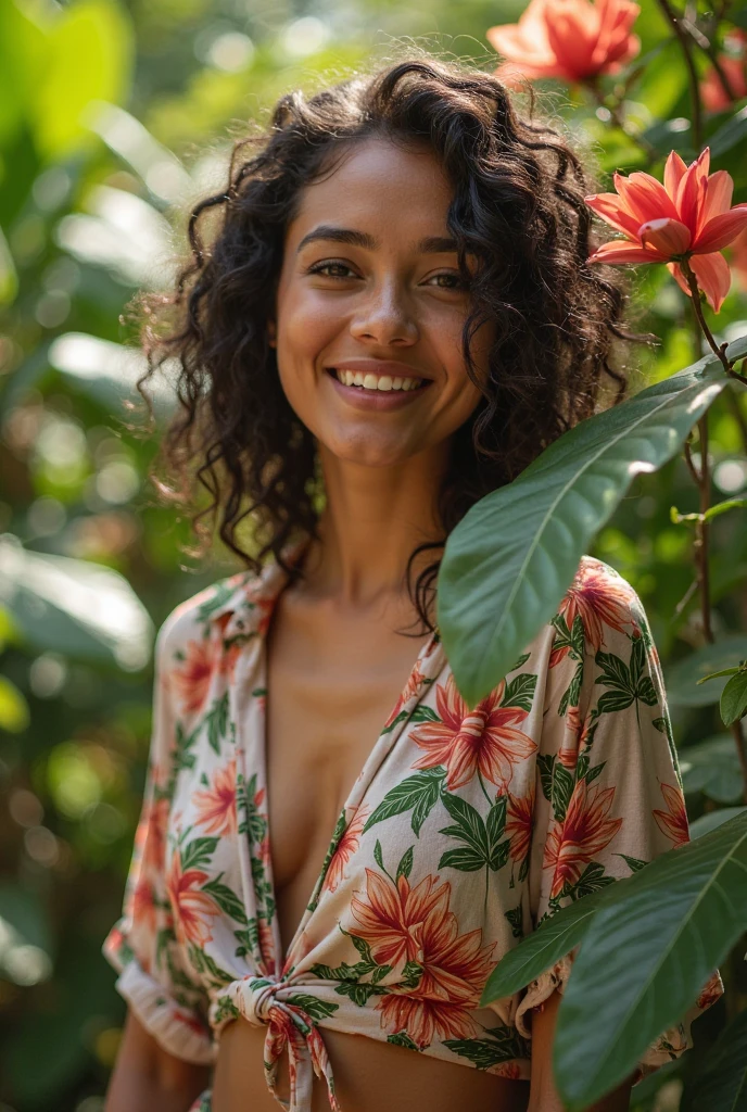 A Brazilian woman in a lush tropical garden, wearing an open shirt with a floral print, with a close-up capturing the harmonious beauty between her breasts and the natural flowers, showing off your natural charm and outgoing personality.
