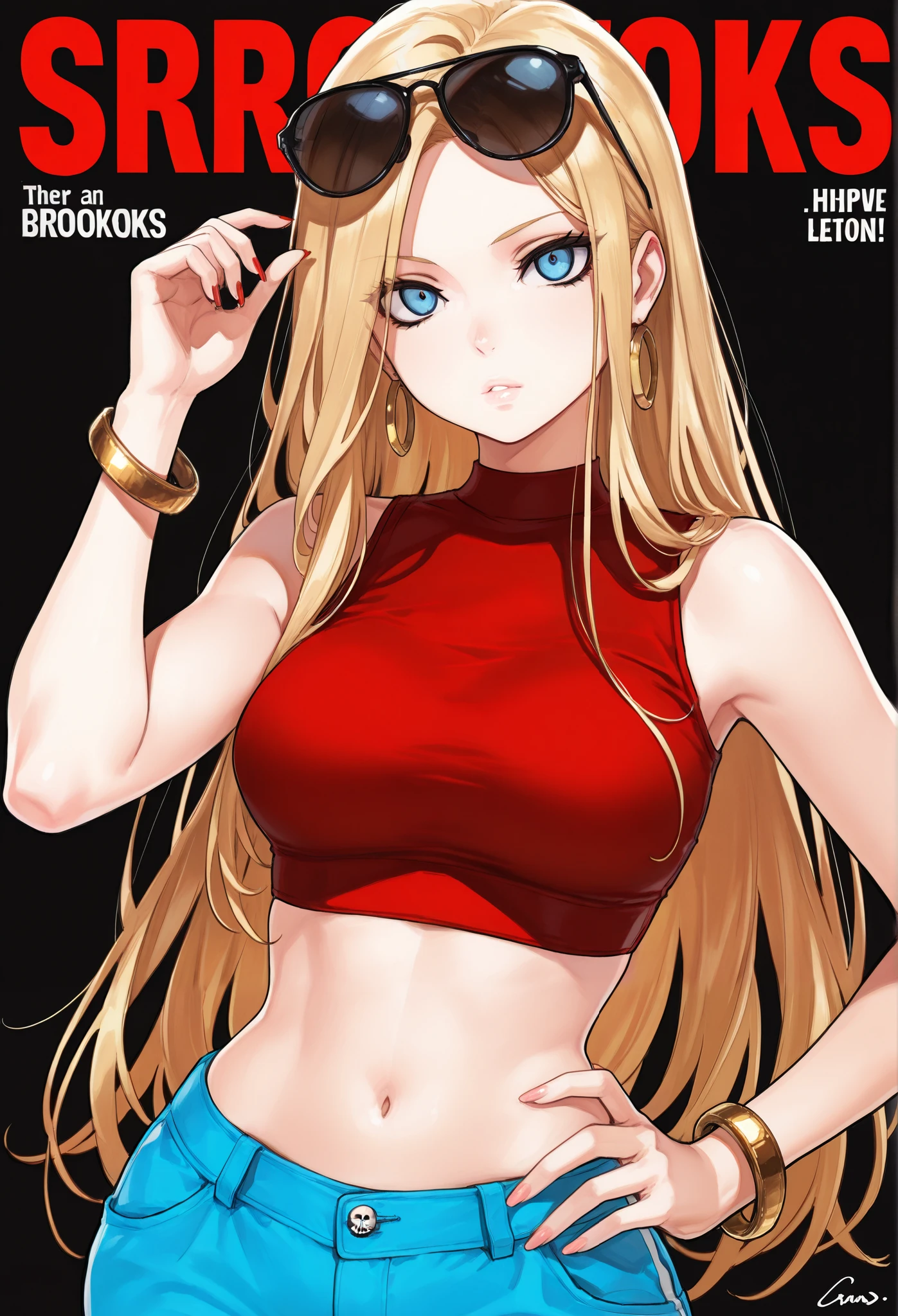 masterpiece, best quality, amazing quality, newest, very aesthetic, 1girl,Image is an anime-style illustration featuring a female character with long blonde hair and light skin. She has striking blue eyes and is wearing a sleeveless, cropped, red top that reveals her midriff, paired with high-waisted blue pants. The character is posed with one hand on her hip and the other resting on her head, holding a pair of sunglasses. She wears a gold bracelet on her wrist. The background is black with the bold, red text 'SUPER CROOKS' repeated multiple times in a stacked layout, creating a striking contrast. The text is in a bold, sans-serif font, adding to the dynamic and edgy feel of the image..