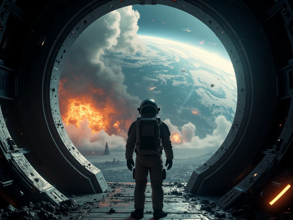 Destruction of the world, visible from a spaceship in space