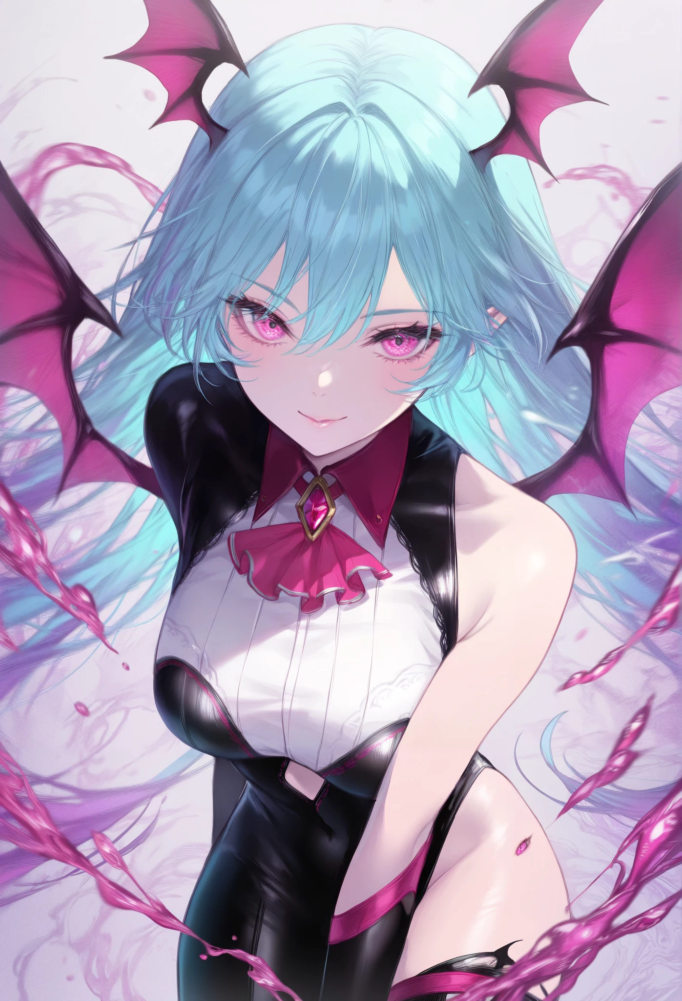 masterpiece, best quality, amazing quality, newest, very aesthetic, 1girl,Image is a vibrant and dynamic anime-style illustration featuring a female character with long, flowing aqua-blue hair and striking pink eyes. Her hair is adorned with small, bat-like wings, and she has a playful, mischievous expression. The character's skin is pale, and she is surrounded by swirling, liquid-like pink and purple elements that add a sense of motion and energy to the composition. The background is predominantly white, which contrasts with the vivid colors of the character and the surrounding elements. The overall style is highly detailed, with a focus on the character's expressive features and the fluidity of the surrounding elements.