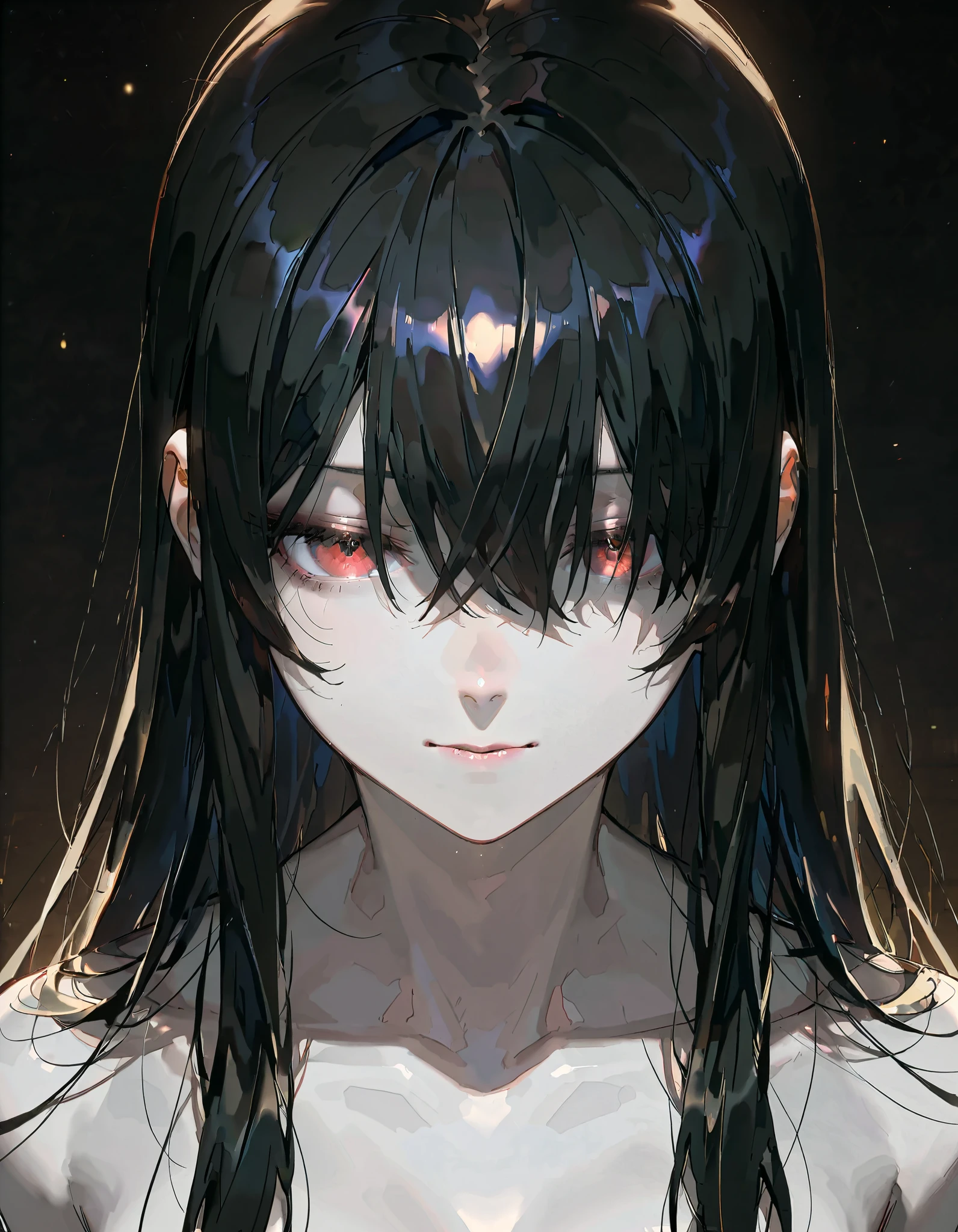 (artist:OKAZU:1.10), (artist:hiten:0.51), artist:WANKE, (artist:ciloranko:0.55), (original character), (masterpiece: 1.2), (best_quality: 1.0), (solo: 1.4), 1woman, 35 years old, middle-aged woman, (solo focus, 1view), (mature woman, strict facial features, sharp facial features), ((face focus: 1,4)), ((Ultra Detailed, Cinematic, hyper detailed, Hyperresolution, official arts, Wallpaper 40k, Mind-blowing art)), (black hair, extra long hair, straight hair, hair front of eyes), Beautiful nose, Beautiful character design, perfect face, Colorful, Bright_Front_face_Lighting, (bright_color: 1.2), (beautiful_face: 1.5), seductive, (beautiful, clean pale skin), front view, bottom view, simple background, black background,
