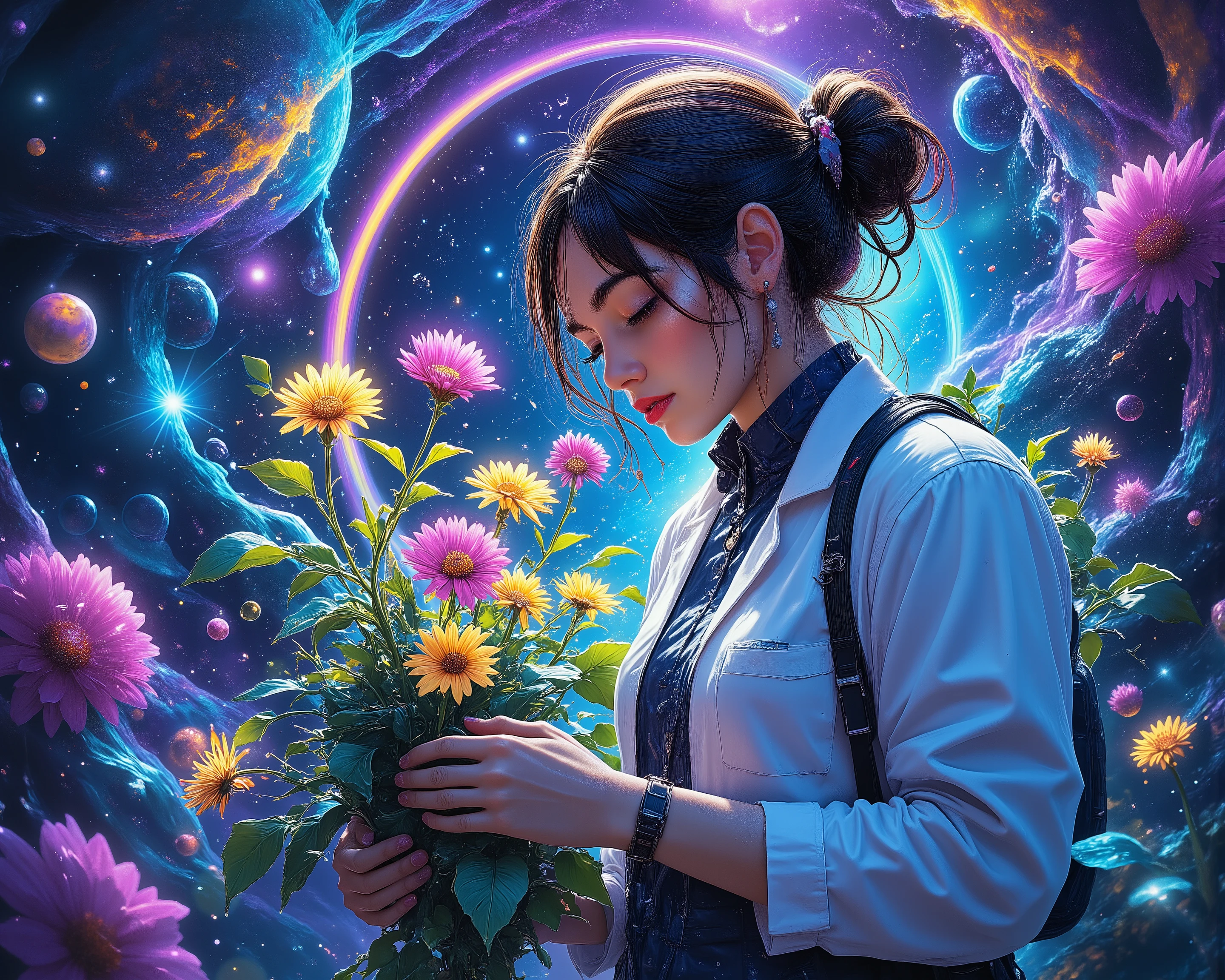 "Imagine space and what life will be like in the future", "Imagine if people could travel in spaceships and live on any planet they wanted", "Please draw the colony and people's lives in a spaceship in beautiful colors", "Please picture the blend of nature, flowers, and science that permeates the interior of the spaceship colony", "The main focus of the painting is a female researcher and an alien creature", "Please picture them trying to plant flowers together", (Detailed texture:2.7), (Dieselpunk:1.5), (Bokeh:0.4), (Neon:1.9)