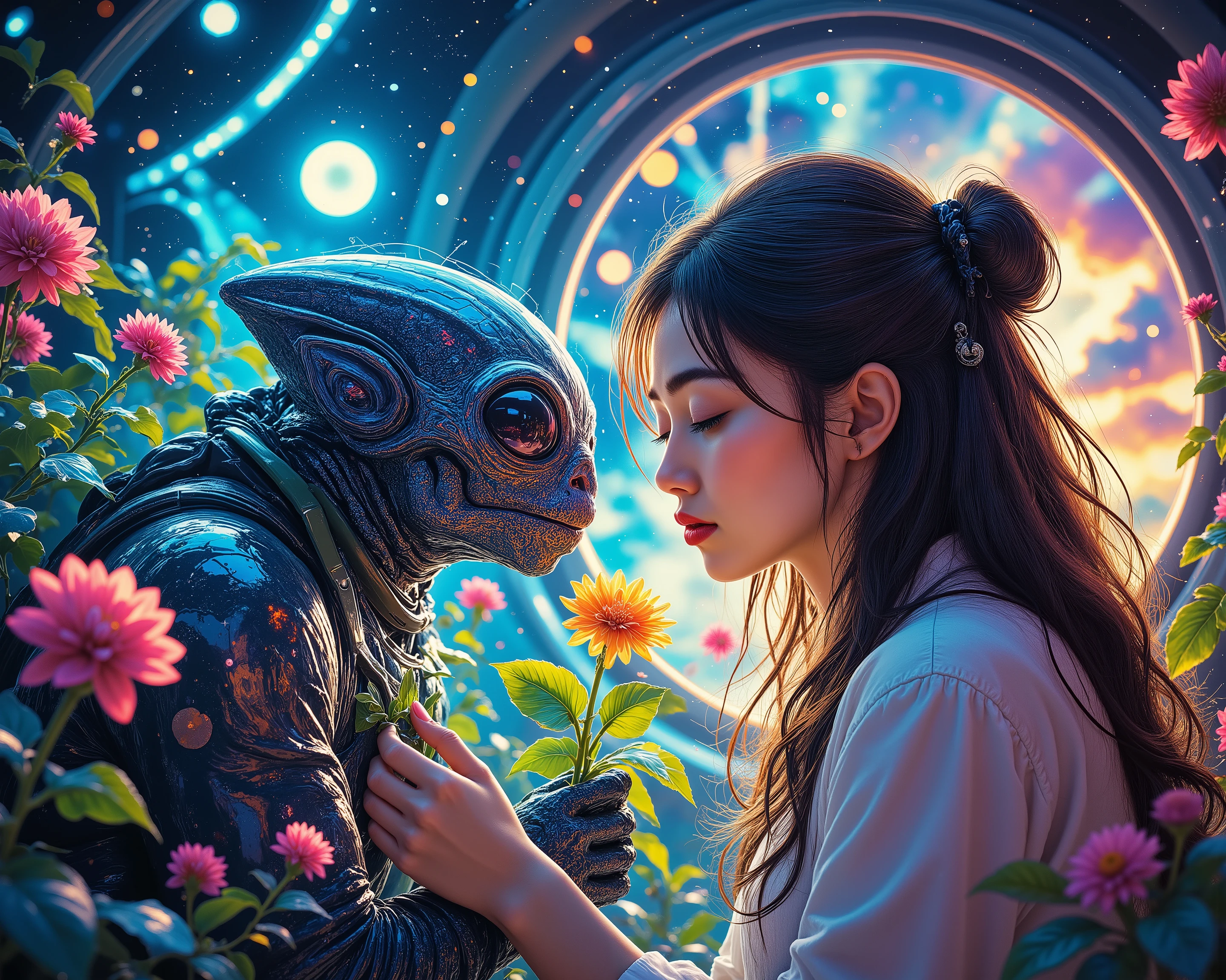 "Imagine space and what life will be like in the future", "Imagine if people could travel in spaceships and live on any planet they wanted", "Please draw the colony and people's lives in a spaceship in beautiful colors", "Please picture the blend of nature, flowers, and science that permeates the interior of the spaceship colony", "The main focus of the painting is a female researcher and an alien creature", "Please picture them trying to plant flowers together", (Detailed texture:2.7), (Dieselpunk:1.5), (Bokeh:0.4), (Neon:1.9)