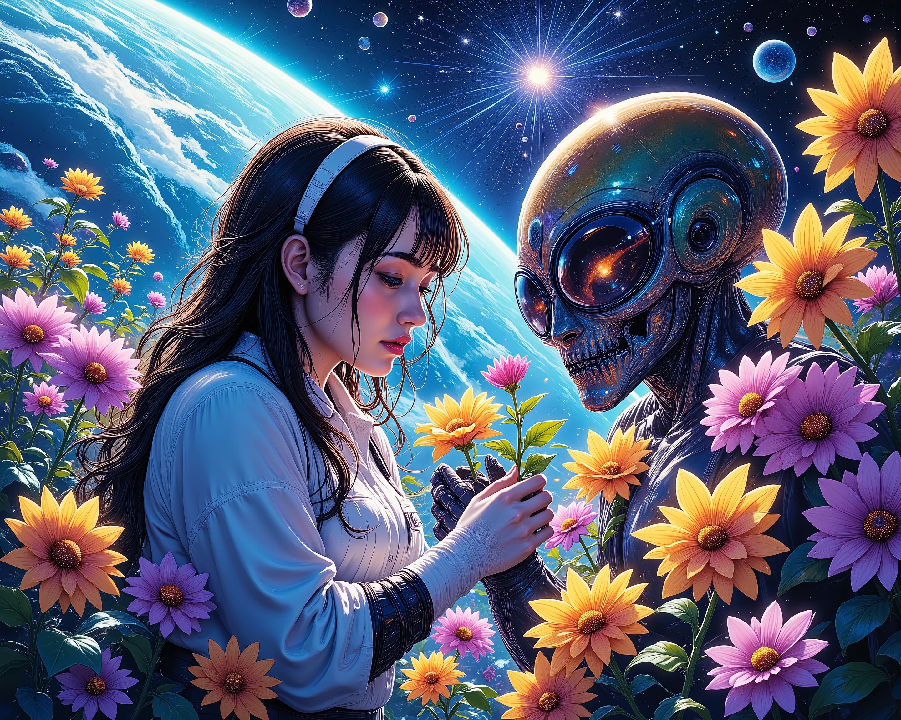 "Imagine space and what life will be like in the future", "Imagine if people could travel in spaceships and live on any planet they wanted", "Please draw the colony and people's lives in a spaceship in beautiful colors", "Please picture the blend of nature, flowers, and science that permeates the interior of the spaceship colony", "The main focus of the painting is a female researcher and an alien creature", "Please picture them trying to plant flowers together", (Detailed texture:2.7), (Dieselpunk:1.5), (Bokeh:0.4), (Neon:1.9)