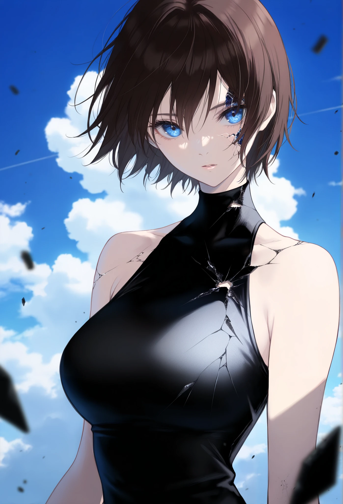 masterpiece, best quality, amazing quality, newest, very aesthetic, 1girl,Image is a digital illustration in a manga style, featuring a character with spiky, dark brown hair and striking blue eyes. The character has a light skin tone with a textured, cracked pattern across the face and arms, giving a rugged appearance. They are wearing a sleeveless, high-neck black top. The background is a bright blue sky with scattered white clouds, and there are small black debris-like elements floating around the character, adding a dynamic effect. The overall composition is vibrant and energetic, with a focus on the character's expressive face and intense gaze.