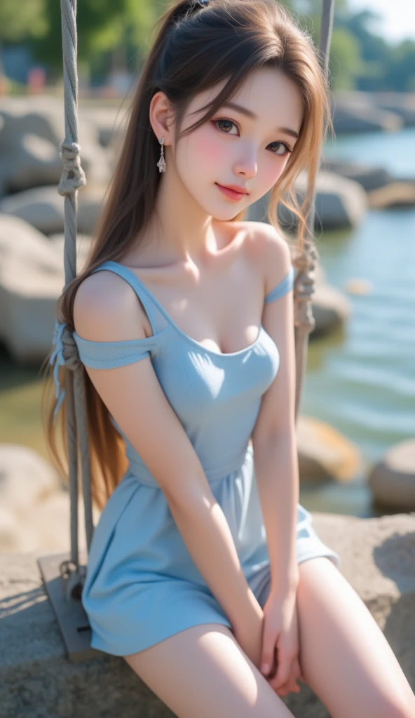 4K Ultra HD, Masterpiece, Very high quality, A girl, 20岁女孩, Good face, Smooth face, Detailed eyes, Beautiful hair, Very long hair, Hair Band, Cute look, Blue party costume, Blue dress, night club, Different lighting, Sit Pose, Full body capture