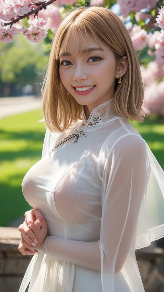 (highest quality、masterpiece、8k、Best image quality、Hyperrealism、Award-winning works)、One high school girl、(The most natural and perfect white polyester collared long sleeve shirt mini dress:1.2)、(Naked and wearing only a polyester shirt:1.5)、(Naked lower body:1.5)、(barefoot:1.5)、(Full body photo:1.1)、Standing Elegantly、(beautiful thick legs:1.1)、Accentuate your body lines、(Big Breasts:1.1)、(Cleavage:1.1)、low length、Glamorous Body、white shining shirt、(Dark blonde wavy hair:1.1)、Standing Elegantly、The best smile when you see me、Strongly blurred background、Park Background、Very bright、Upper body photo、(Accurate anatomy:1.1)、Accentuate your body lines、Perfect Makeup、Long eyelashes、bright lipstick、glossy lips、Ultra high definition glossy skin、(Ultra-high definition, bright and beautiful skin:1.3)、Ultra-high definition glossy lips、Ultra-high definition beautiful teeth, realistic hands, in sassi_di_matera