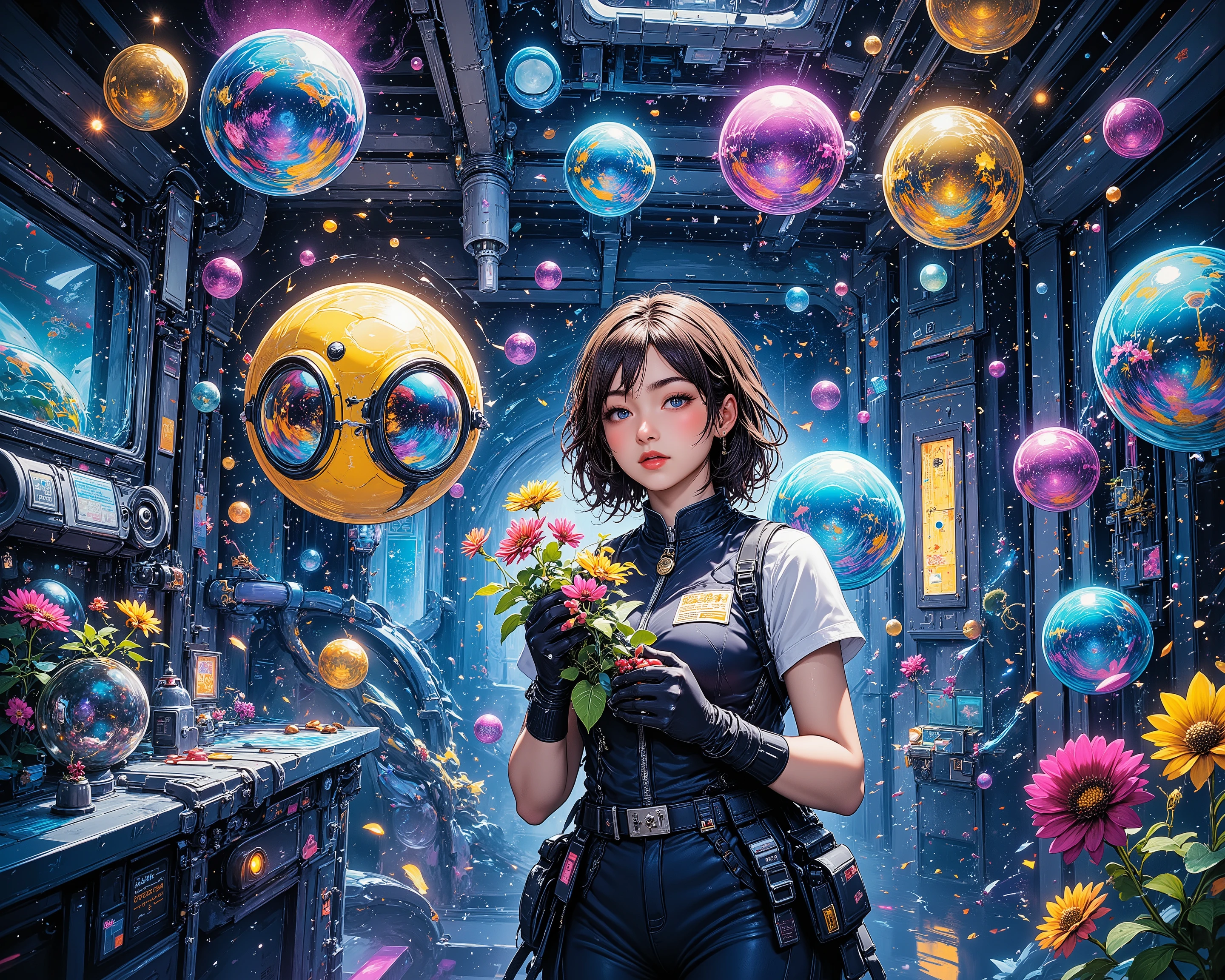 "Imagine space and what life will be like in the future", "Imagine if people could travel in spaceships and live on any planet they wanted", "Please draw the colony and people's lives in a spaceship in beautiful colors", "Please picture the blend of nature, flowers, and science that permeates the interior of the spaceship colony", "The main focus of the painting is a female researcher and an alien creature", "Please picture them trying to plant flowers together", (Detailed texture:2.7), (Dieselpunk:1.5), (Bokeh:0.4), (Neon:1.9)