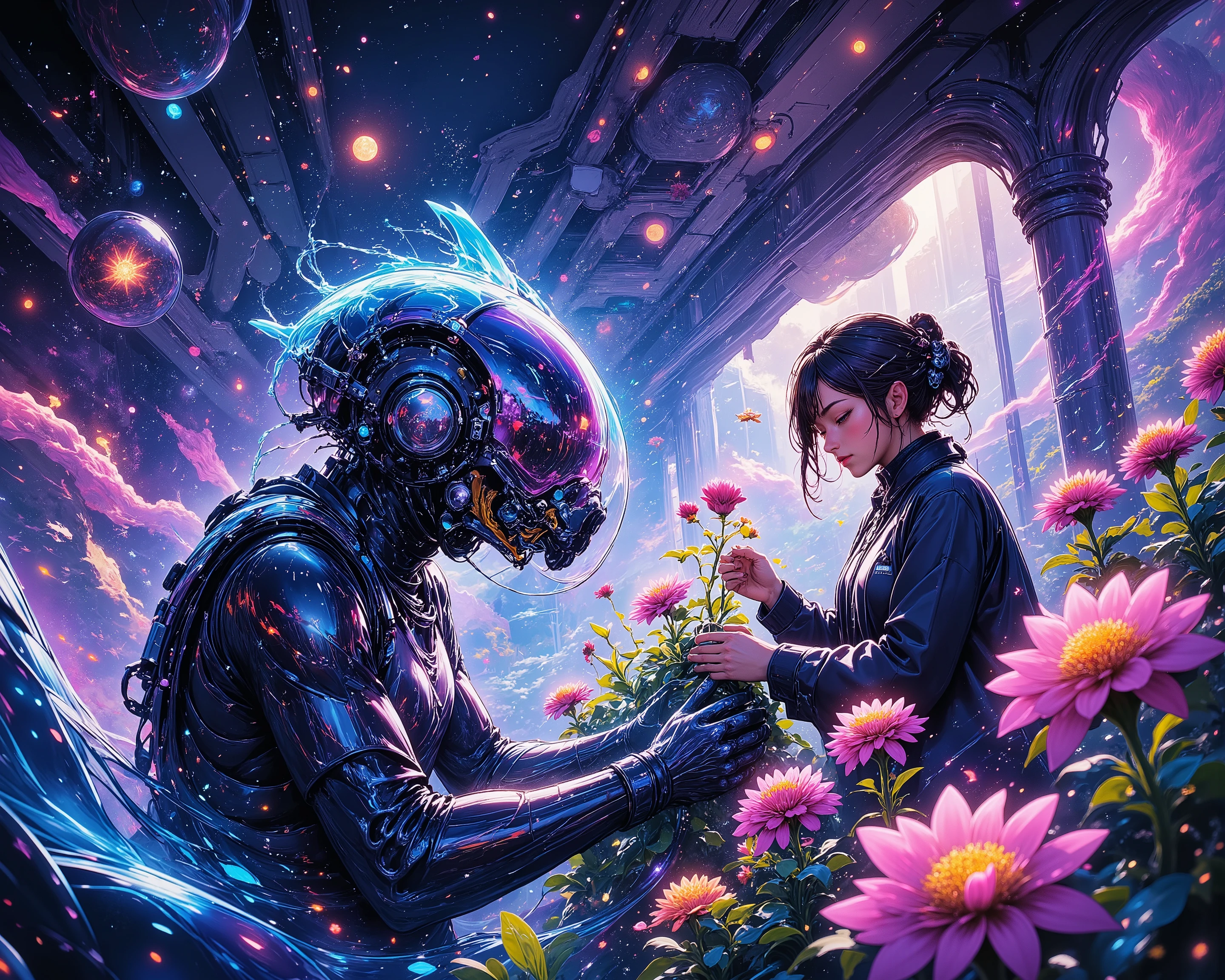 "Imagine space and what life will be like in the future", "Imagine if people could travel in spaceships and live on any planet they wanted", "Please draw the colony and people's lives in a spaceship in beautiful colors", "Please picture the blend of nature, flowers, and science that permeates the interior of the spaceship colony", "The main focus of the painting is a female researcher and an alien creature", "Please picture them trying to plant flowers together", (Detailed texture:2.7), (Dieselpunk:1.5), (Bokeh:0.4), (Neon:1.9)