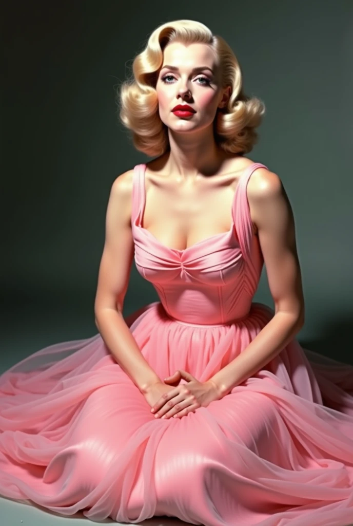 Very attractive 25 year old caucasian female with long wavy bright pink hair, dressed as marilyn monroe from the movie gentlemen prefer blondes, full length, photo quality