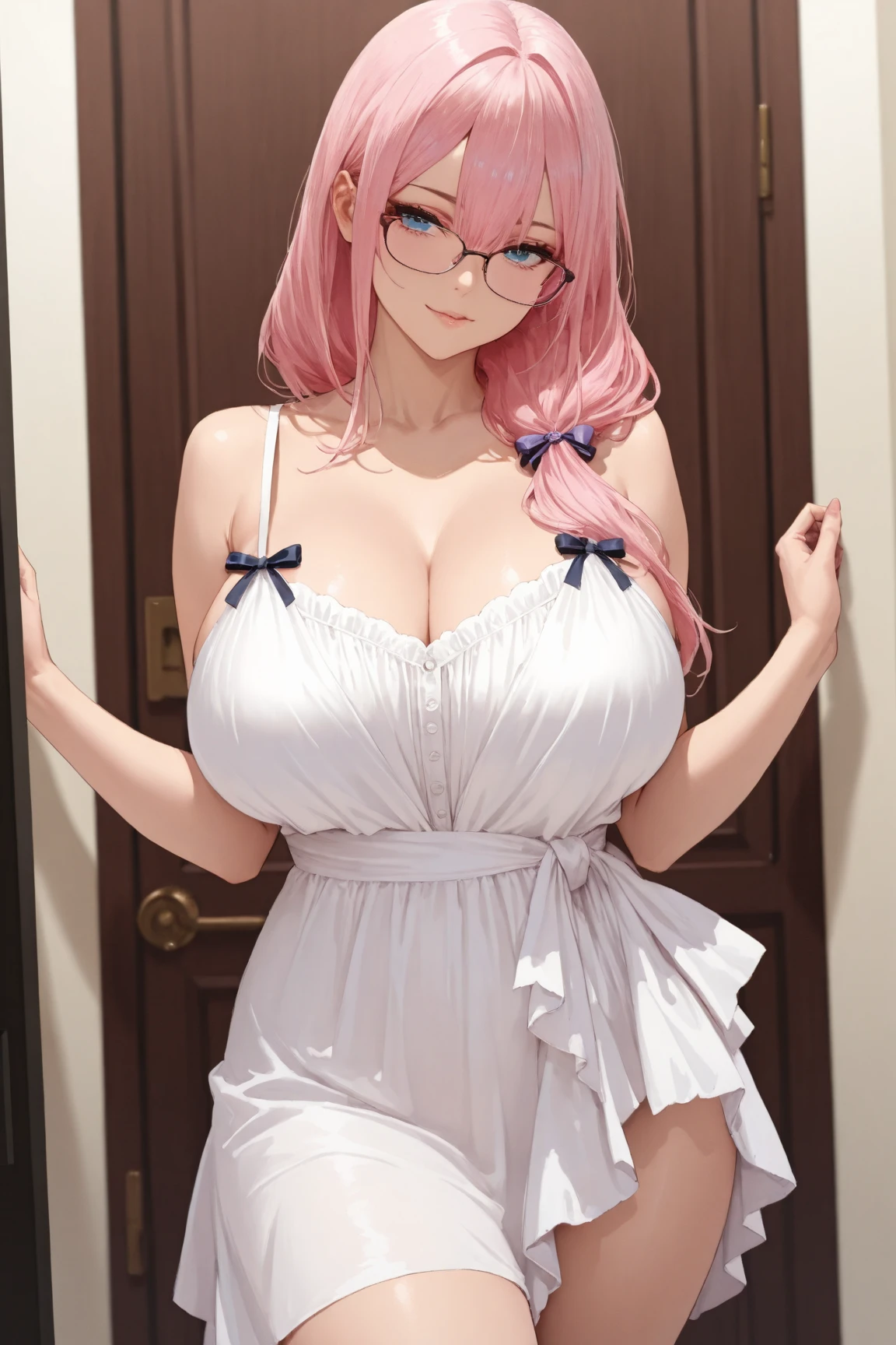 masterpiece, best quality, high-resolution, finely detailed, extremely detailed and beautiful, distinct_image, 1 girl, solo, beautiful young teenage girl, 13 years old, tanned white skin, long waist length hair(pink-red hair)(white highlights), soft facial features, heterochromatic eyes(left eye: silver)(right eye: red), elegant battle-styled sundress, cherry red plump lips, large E-cup breasts, short height(150cm). wide hips and large round ass, silver round-frame glasses