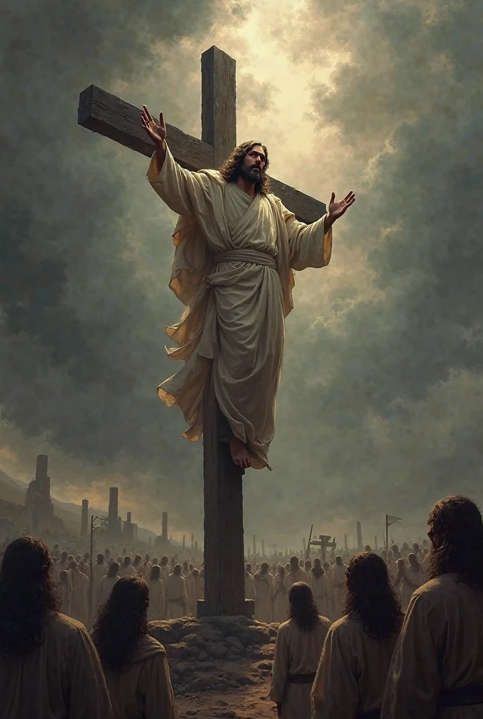 In the background Jesus Christ and in front of him a modern man weeping.