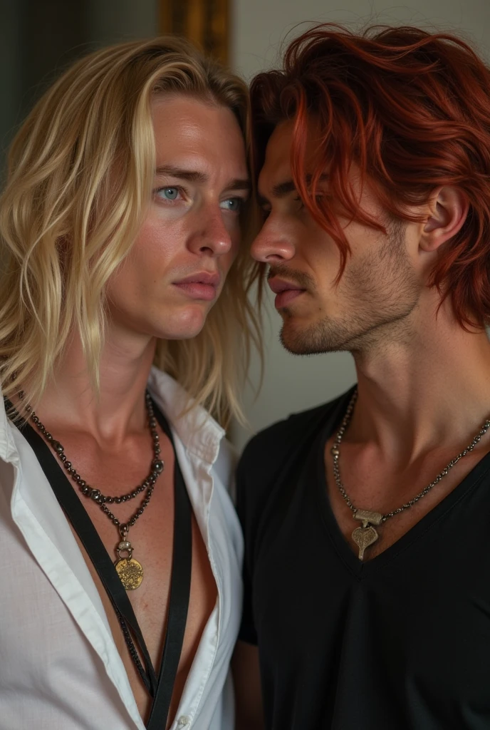 2 male lovers, realistic photo of 2 seductive aroused muscular charming handsome twink vampire men, Alucard with long blonde hair and glowing gold golden eyes holding his handsome ginger haired twink vampire boyfriend, wearing seductive lacey lace lingerie thong fishnets high heels, men in lingerie kissing, romantic 2 men, blonde and ginger male lovers 