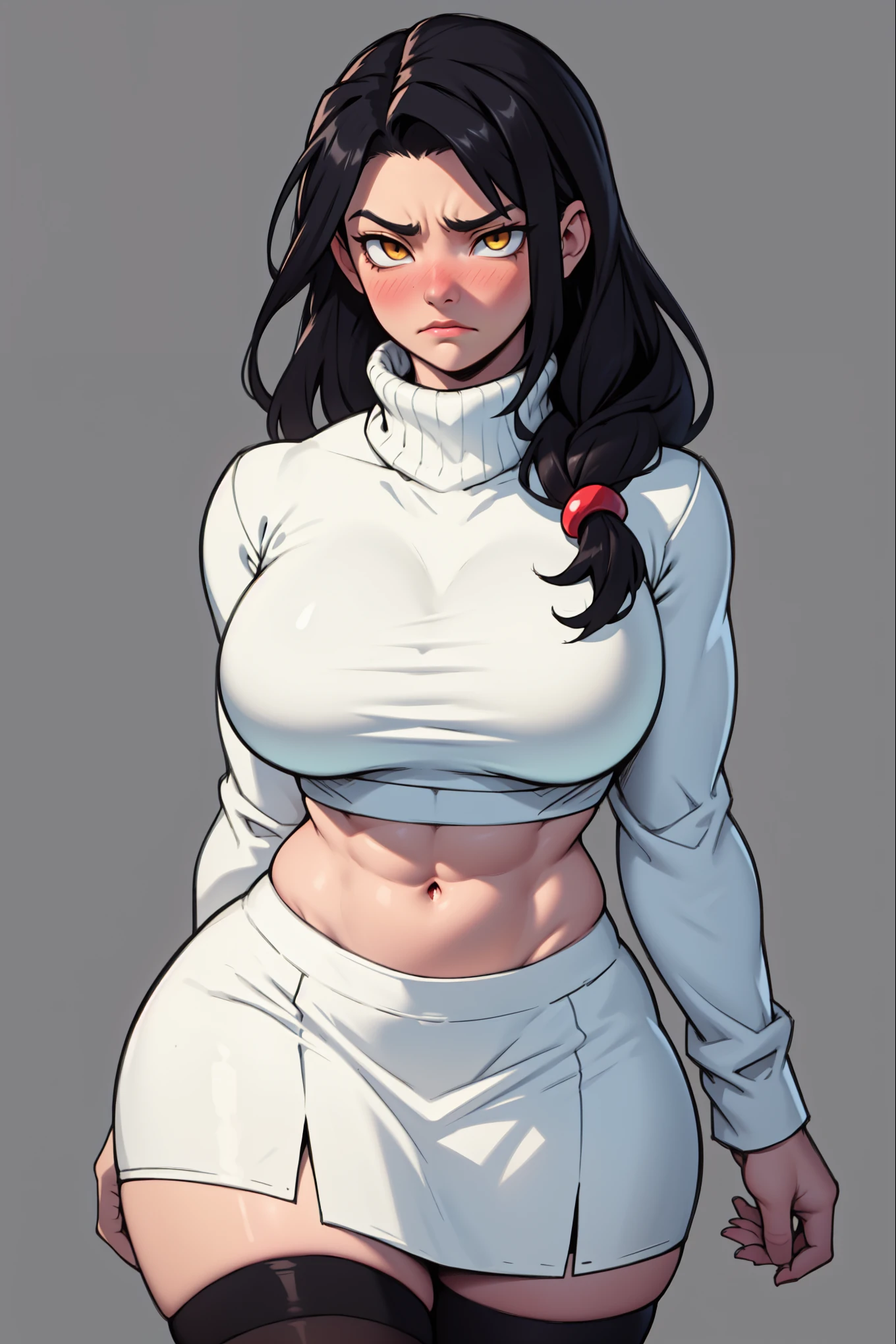very long hair huge muscles big breasts thick long sleeve t midriff navel abs rib cage black hair yellow eyes pale skin frown blush empty eyes short plated skirt thigh highs turtleneck