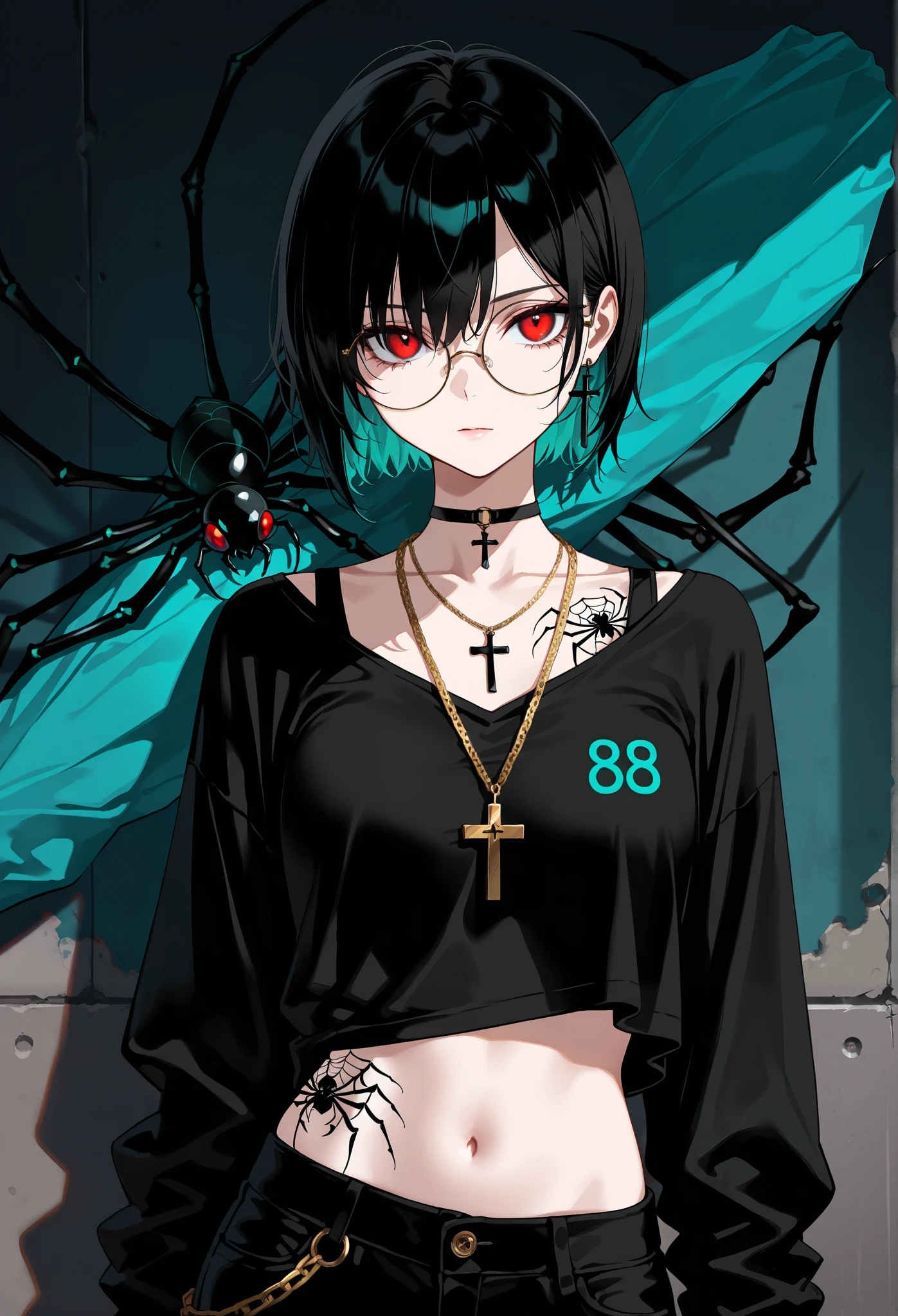 masterpiece, best quality, amazing quality, newest, very aesthetic, 1girl,Image is a digital illustration featuring an anime-style character with a striking appearance. The character has short, black hair with a glossy texture and vibrant red eyes, giving an intense gaze. They are wearing round glasses and a black, high-necked top that fits snugly, accentuating their slender build. A gold chain with a cross pendant hangs around their neck, adding a touch of contrast to the dark attire. The character's skin is pale, and they have a tattoo of a spider with the number '8' on their exposed midriff. The background is a textured, dark gradient, enhancing the character's dramatic presence. The overall composition is dynamic, with the character holding a large, teal-colored object over their shoulder, suggesting a sense of readiness or action.