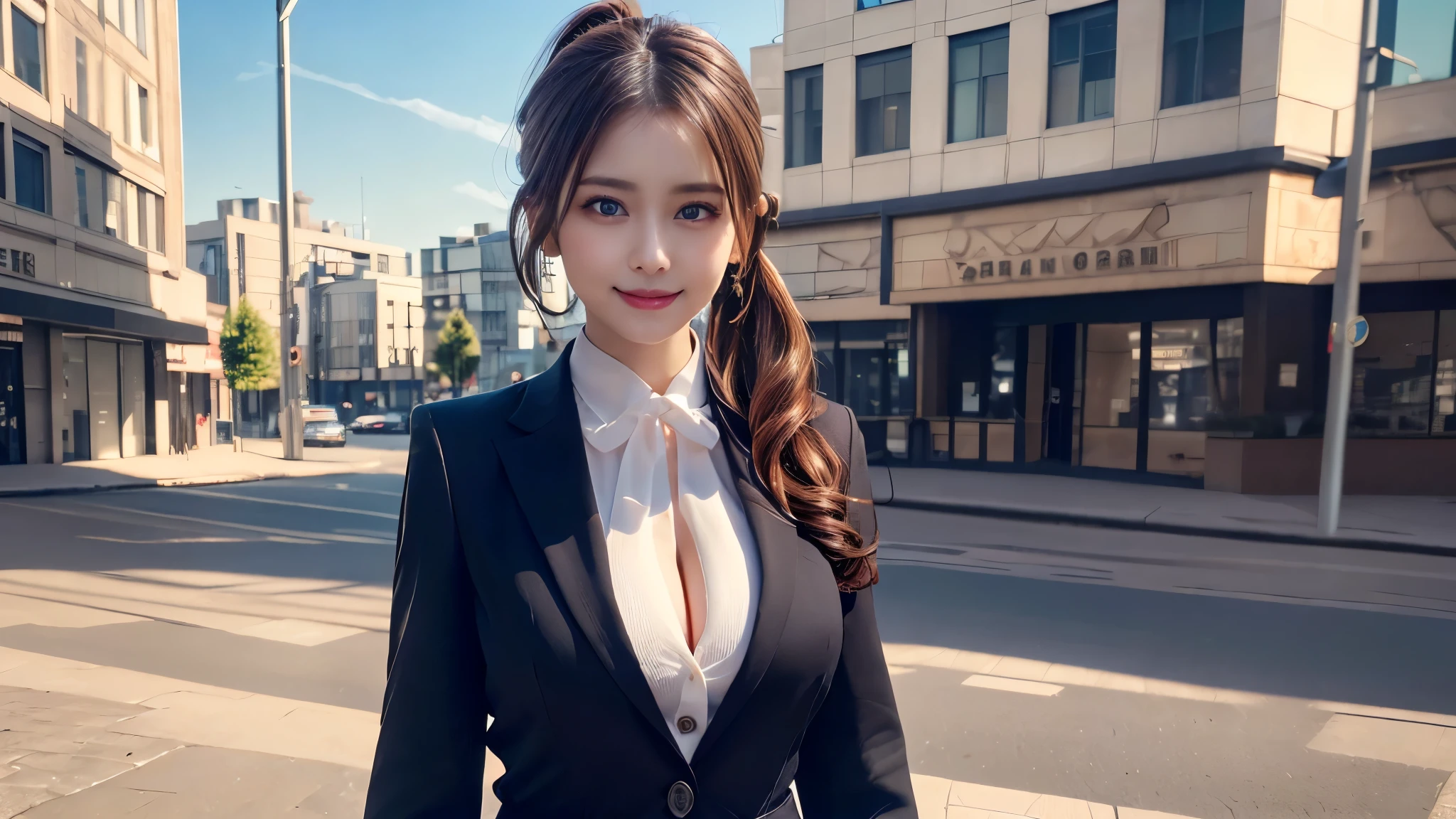 best qualtiy, tmasterpiece, 1girll, beauitful face, (photograph realistic:1.3), edge lit, (highdetailskin:1.2), 8K UHD, digital SLR camera, high high quality, A high resolution, 4k, 8k, bokeh, absurderes, Optimal proportions of four fingers and one thumb, (realisticlying:1.3), Cute 1girl, Wearing a black formal blazer, Large breasts, Superskirt,