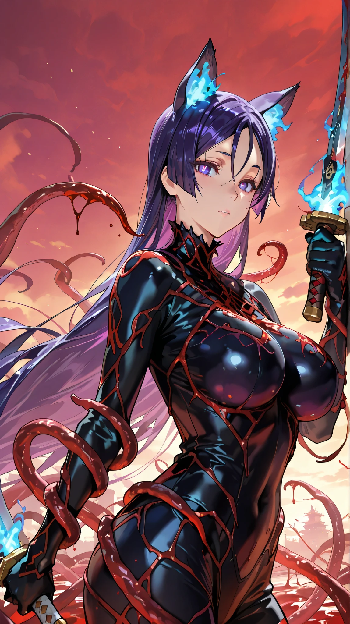 masterpiece, top quality, best quality, official art, beautiful and aesthetic:1.2),(8k, best quality, masterpiece:1.2), (((masterpiece))),(((best quality))),(((extremely detailed))), illustration, who, (masterpiece, top quality, best quality, official art, beautiful and aesthetic:1.2),(8k, best quality, masterpiece:1.2), Minamoto no Raikou, Fate Grand Order, purple hair, purple hair, bright pupils, 1girl, weapon, animal ears, sword, holding weapon, solo, holding sword, holding, ((Carnage:1.3)), Carnage (cosplay), symbiote (cosplay), (many tentacles:1.5), ((blood tentacles:1.5)), blue fire, upper body, breasts, outdoors