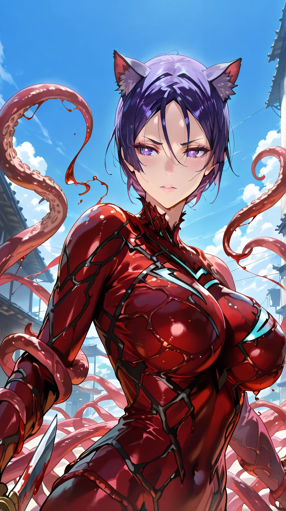 masterpiece, top quality, best quality, official art, beautiful and aesthetic:1.2),(8k, best quality, masterpiece:1.2), (((masterpiece))),(((best quality))),(((extremely detailed))), illustration, who, (masterpiece, top quality, best quality, official art, beautiful and aesthetic:1.2),(8k, best quality, masterpiece:1.2), Minamoto no Raikou, Fate Grand Order, purple hair, purple hair, bright pupils, 1girl, weapon, animal ears, sword, holding weapon, solo, holding sword, holding, ((Carnage:1.3)), Carnage (cosplay), symbiote (cosplay), (many tentacles:1.5), ((blood tentacles:1.5)), blue fire, upper body, breasts, outdoors