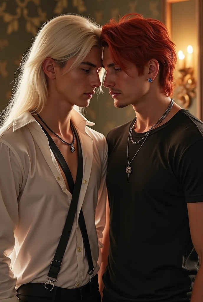 two mens, an 18 year old young man, short red hair , wearing jeans and a white t-shirt, lean, muscular body and red hair,  and a young man with long white hair and a youthful appearance, around 30 years old, look like henry cavill, with animal leather pants, bare chest and holding a sword, lying embraced in bed in a 12th century cabin
