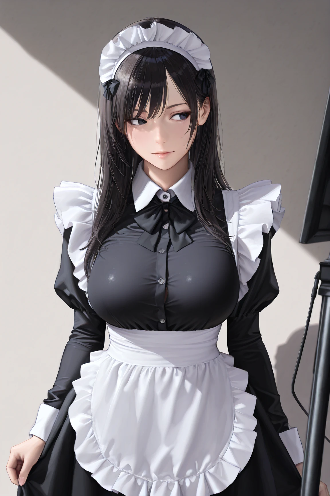 (ultra high res,photorealistic,realistic,best quality,photo-realistic), (8k, raw photo, best quality, masterpiece), (photon mapping, radiosity, physically-based rendering,automatic white balance), technological sense, best quality, masterpiece, illustration,CG ,unity ,wallpaper, official art, Amazing, finely detail, an extremely delicate and beautiful,extremely detailed, highly detailed, sharp focus,rich background,blurry background, (real person,photograph), vibrant details, beautiful studio soft light,
narrow waist, slim girl,16 years old,young girl
study room, bright, many bookshelves, many books
(((high detailed skin,visible pores))),
light smile, looking at viewer, arms behind back,
((Big eyes,perfect eyes,watery eyes)), ((black hair,long hair, )), (big breasts),
<lora:ClothMaid1:0.8>traditional maid
