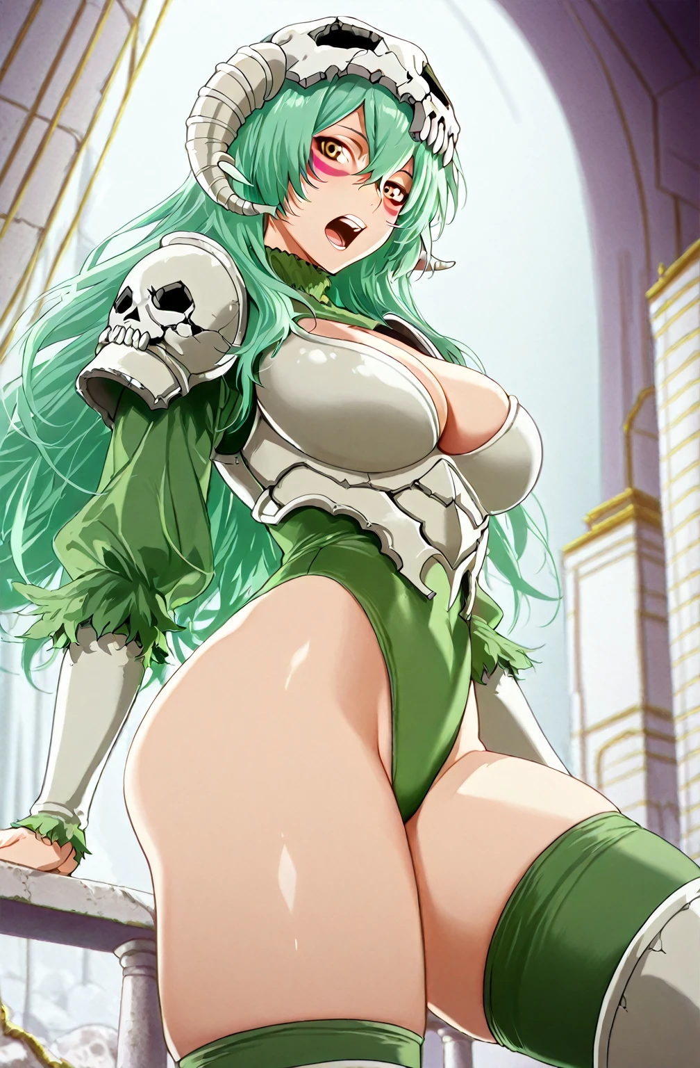 Code Geass, C.C, 1girl, (((bimbo))), long green hair, yellow eyes, ear rings, puffy lips, painted lips, thick lips, wide hips, thick thighs, small round breast, huge ass, revealing cleavage, erotic, Smile face, bubble butt, camel toe, Breasts, white suit, sitting, posing, night time, moon