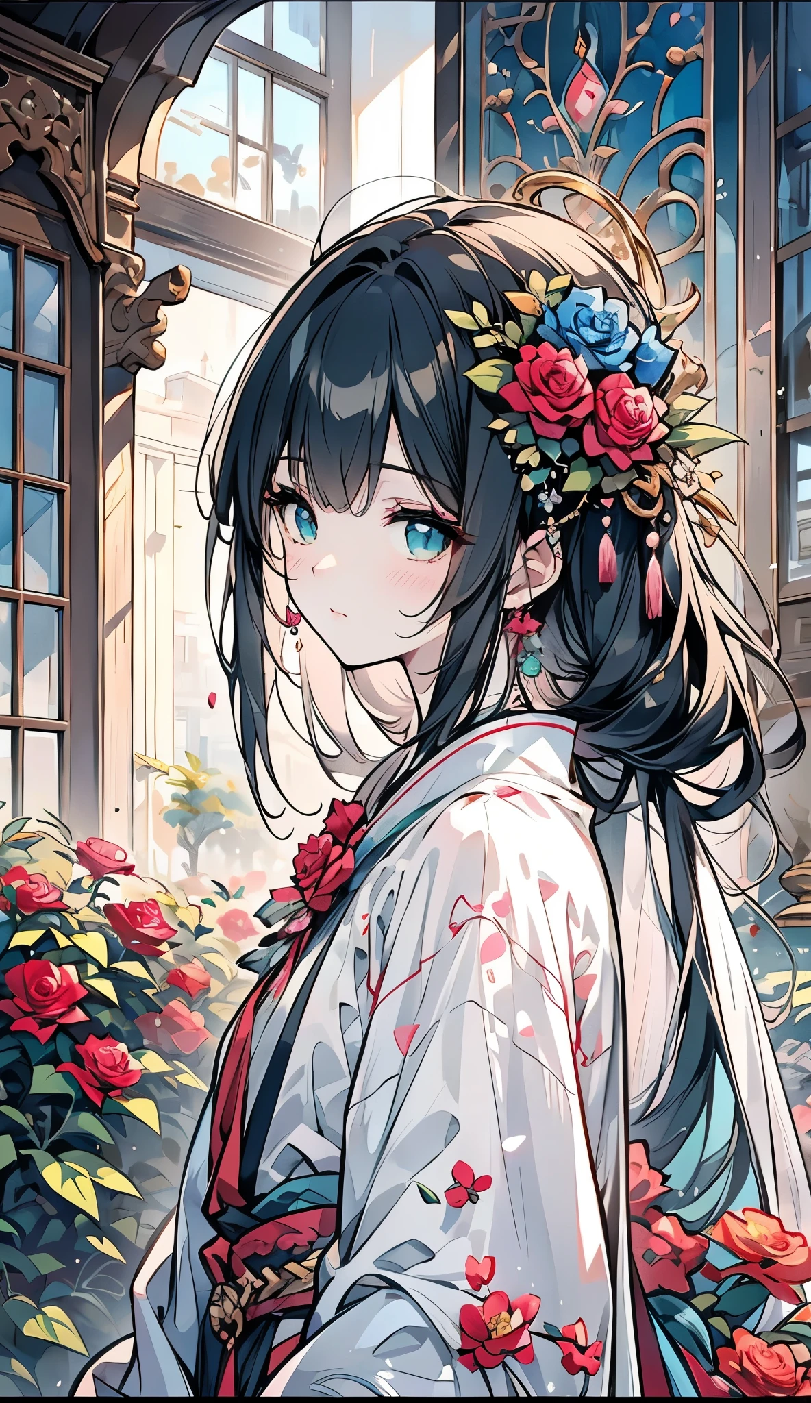 Painting of the exterior of a three-story small western-style building, white walls, light green doors and windows, pink rose flowers, flower vines, anime background art, relaxation concept art, anime landscape concept art, very detailed scenes, beautiful artwork illustrations, highly detailed scenes, environmental design illustrations, beautiful anime scenes, anime scenery, detailed soft painting, environmental painting, bright color scheme, 3D wind