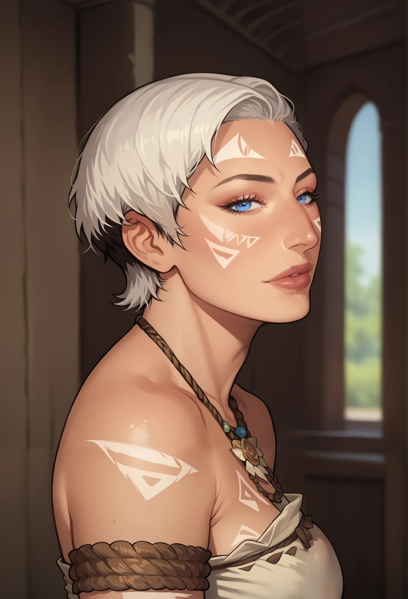(((beautiful, high quality, comics style, detailed face))), score_9, score_8_up, score_7_up, masterpiece, best quality, unrealistically high details, extremely high quality, ultra-high detail, good anatomy, rating_explicit, perfect anatomy, anatomically correct hands:1.5, blurred background, DeepNegative_xl_v1, detailxl, zPDXL3, Score_PnyReal, ((3/4 from side)) BREAK human, solo, 1woman, milf, mature, parted lips, pursed lips, white hair, very short hair, pixie cut, spiky hair, blue eyes, slut face, glossy lips, long lashes, horny, nympho, whore, islander, rope arm bands, rope arm guards, fisherwoman, ((tribal body paint)), fantasy, dnd, pussy, water mage, seductive expression, looking at viewer, romantic, sea background, medium distance, pinup pose. (expressive face, expressive body, expressive emotions, dynamic pose, detailed facial expression, engaging presence)