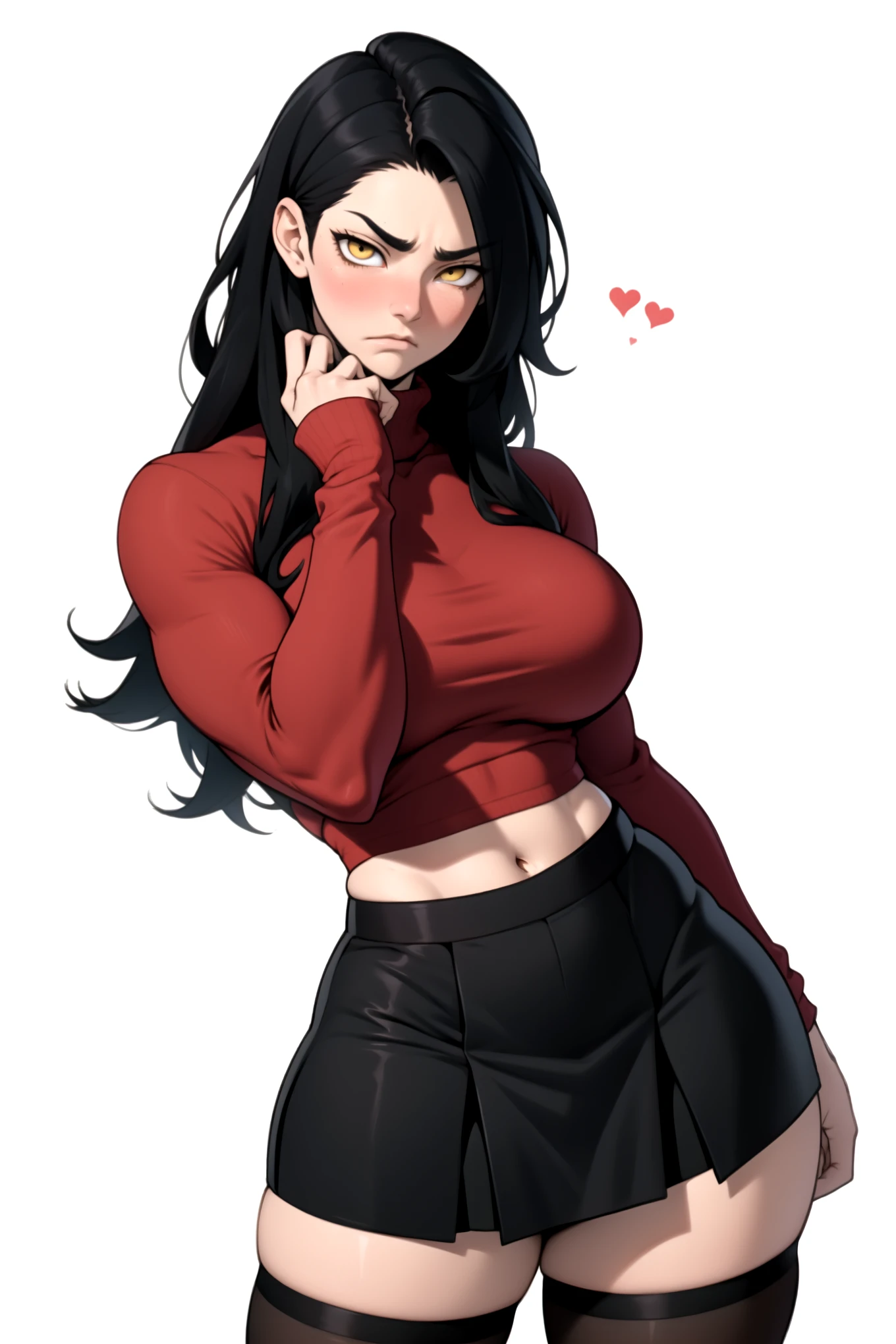 mature woman, hair over one eye, golden eyes, Tomboy, sweatpants, looking at viewer, shoulder-length black hair, off shoulder, bedroom, hand on hip, messy hair, standing, red jacket, black tank top, solo
