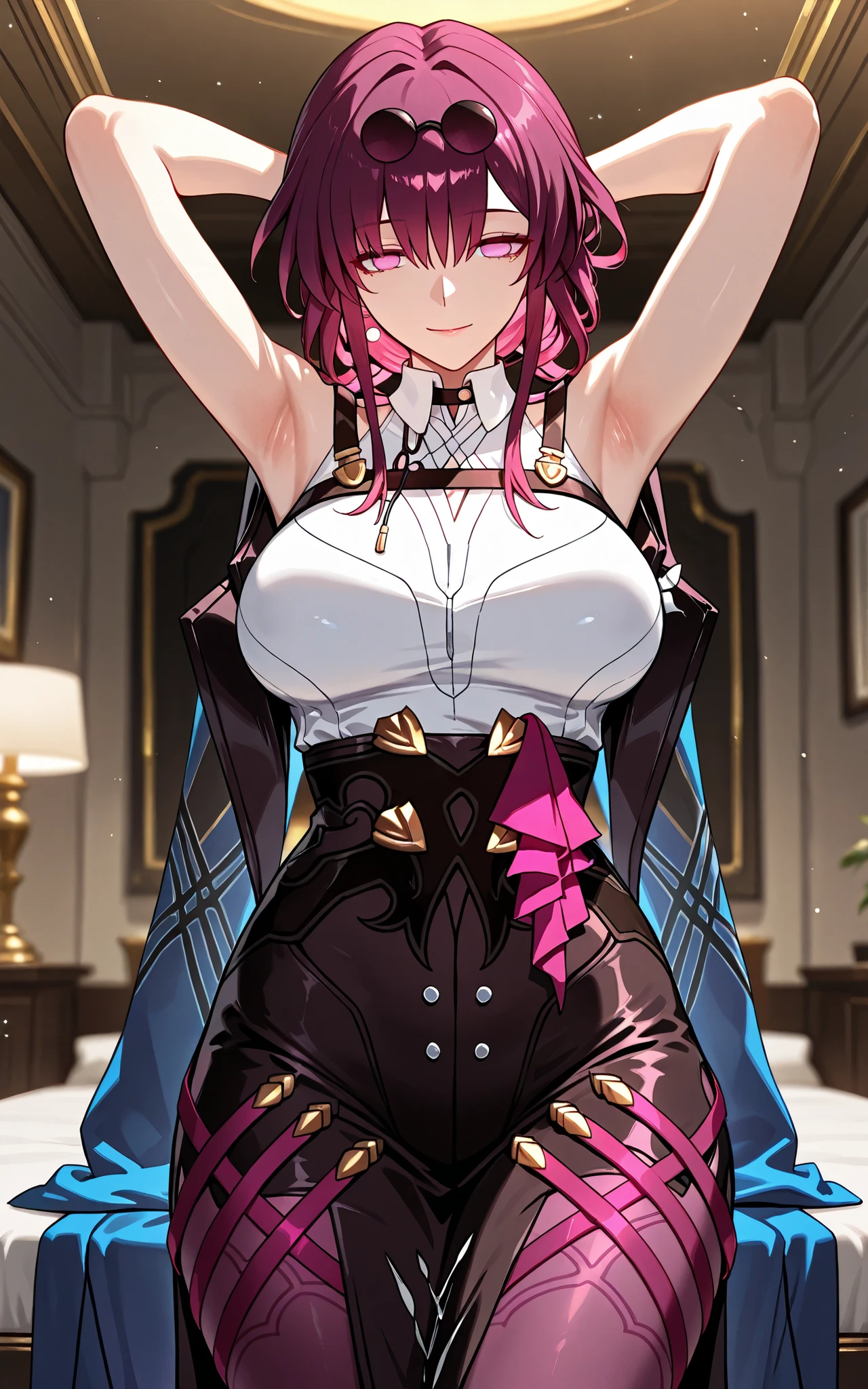 masterpiece, best quality, amazing quality, front light, mature female, very aesthetic, intricate details, depth of field, cel shading, 1girl, solo, kafka (honkai star rail), black dress, long dress, collared dress, brown corset, jewelry, brooch, sleeveless, bare shoulders, bare arms, arms behind head, armpits, head towards viewer, looking at viewer, gentle smile, light smile, closed mouth (front light:1.1), armpits focus, indoors, waist cape, blue cape
