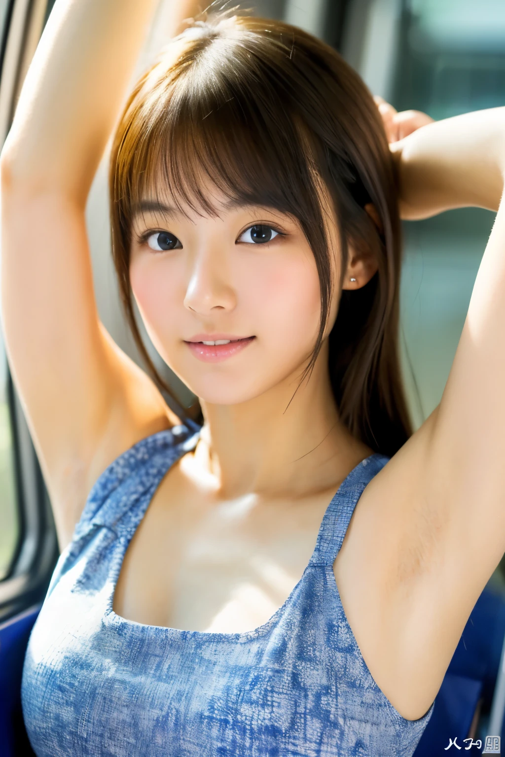(Small ), (18-year-old), (very small head), dawn, sunlight, (Perfect body:1.1), (8K), (Very delicate and beautiful), (Highest quality:1.0), (Realistic), Realistic Shadows, (High resolution:1.0), Detailed skin, Very detailed, the body is slim, (Beautiful Hair, Real Hair, Thinning hair), blush, Realistic, Realistic Face, Realistic eyes, Small eyes, smile, (eyeliner), (mascara), (eye shadow), whole body、Open leg pose、Nipped、Thickc hair、Layered Hairstyles