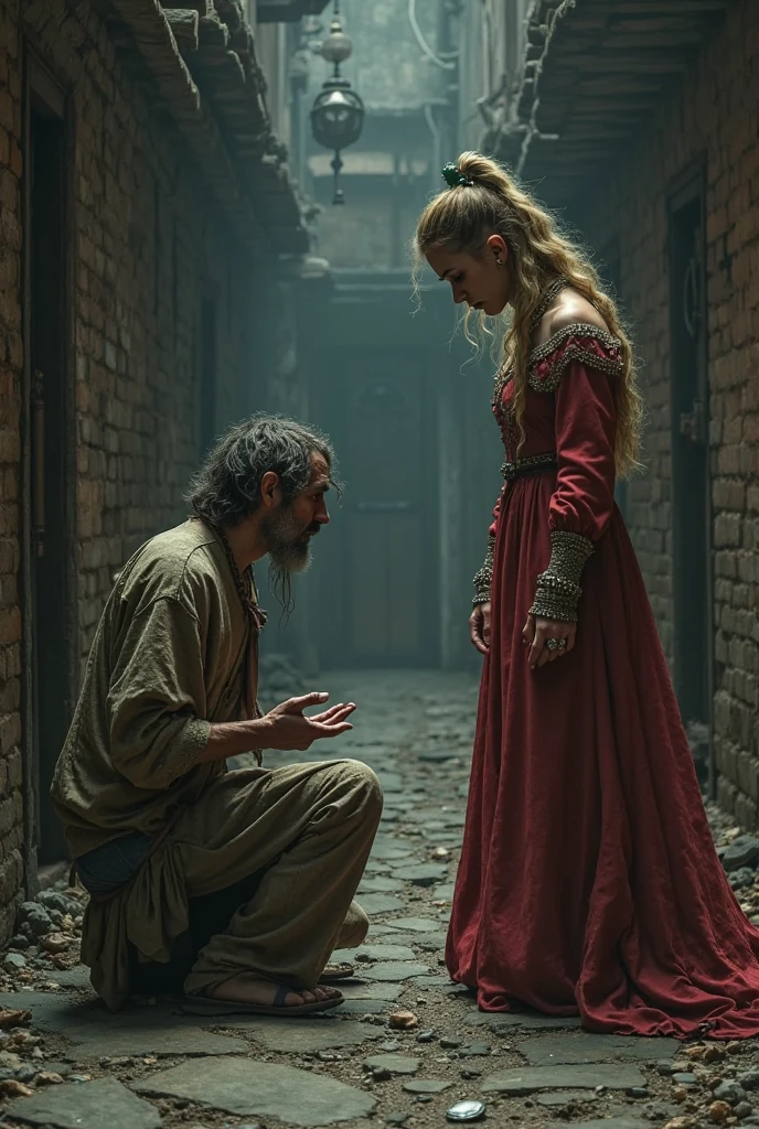 (Realistis:1.4),medieval times,8K,After the war,top down shot,wide wide shot,Close-up,low angles,low angle shot,Elevation angle,Close-up,Get close to the character,dramatic scene,A princess,The richly dressed princess sits by the devastated city walls,The city is full of beggars,Full of ragged beggars,overcast day,Drizzle,A sense of contrast,and it is raining,Helpless beggars,A group of beggars looked at the princess,Comic storyboard,sad expressions