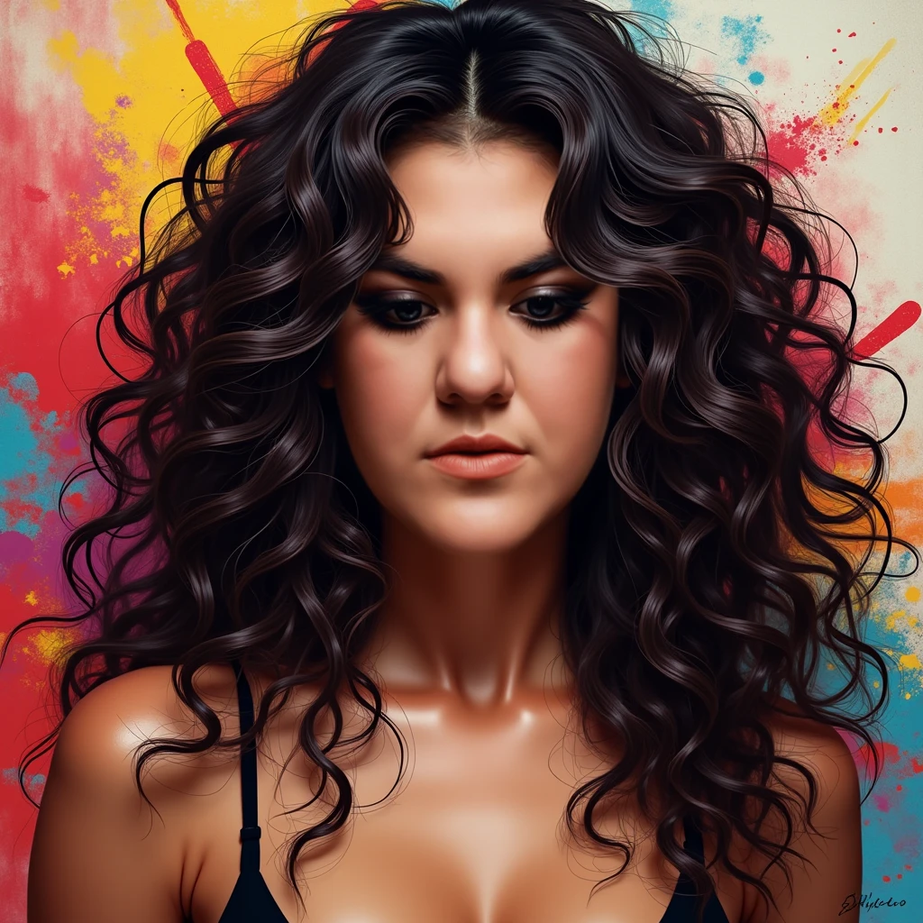 35 year old beautiful Puerto Rican woman. Style of an old travel poster, art deco, in a rainbow of color. natural lighting, very colorful, long black curly hair, voluminous long black curly hair, messy long black curly hair, frizzy long black hair.