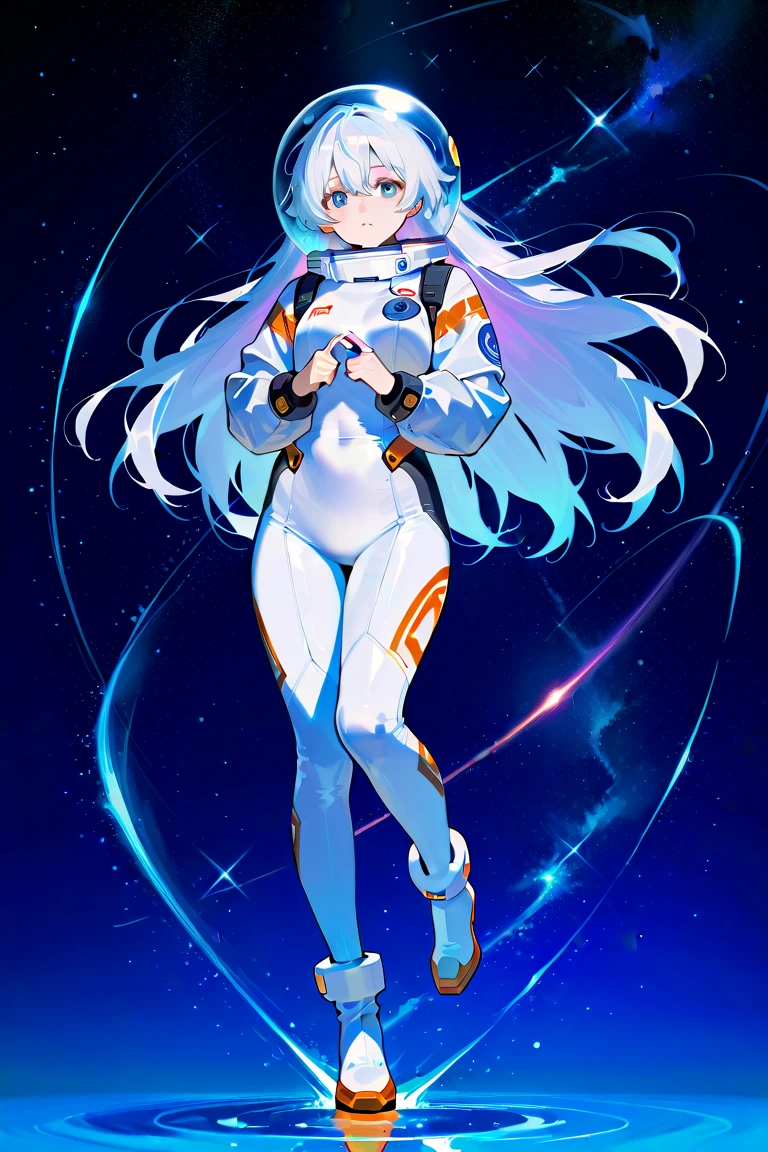 A anime girl,full hd, masterpieces,full body, portrait ,white style hair, multi colour, baby face,big eye,wear white and blue tight bodysuit, giant breasts, starlight background