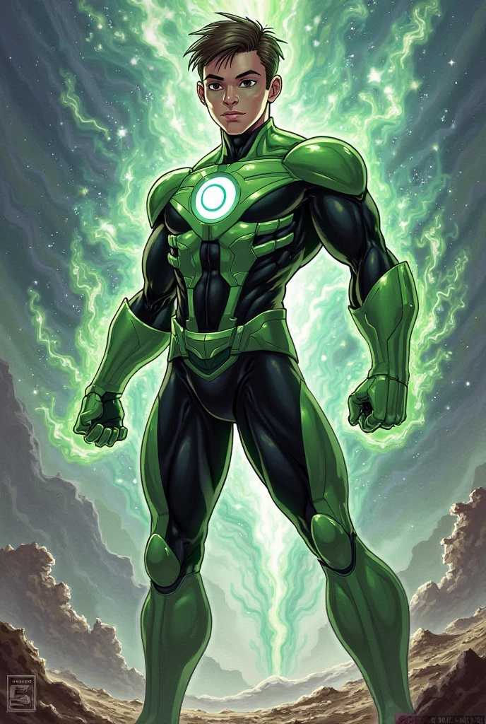 An epic masterpiece of the Green Lantern Corps, rendered in ultra-detailed CG and best quality imagery. Featuring the iconic emerald light, beautiful luminosity, and dynamic pose of the Green Lantern, set against a dark and intense background. The scene captures the heroic essence of the Green Lantern, as he stands resolute against the dangers of the universe.