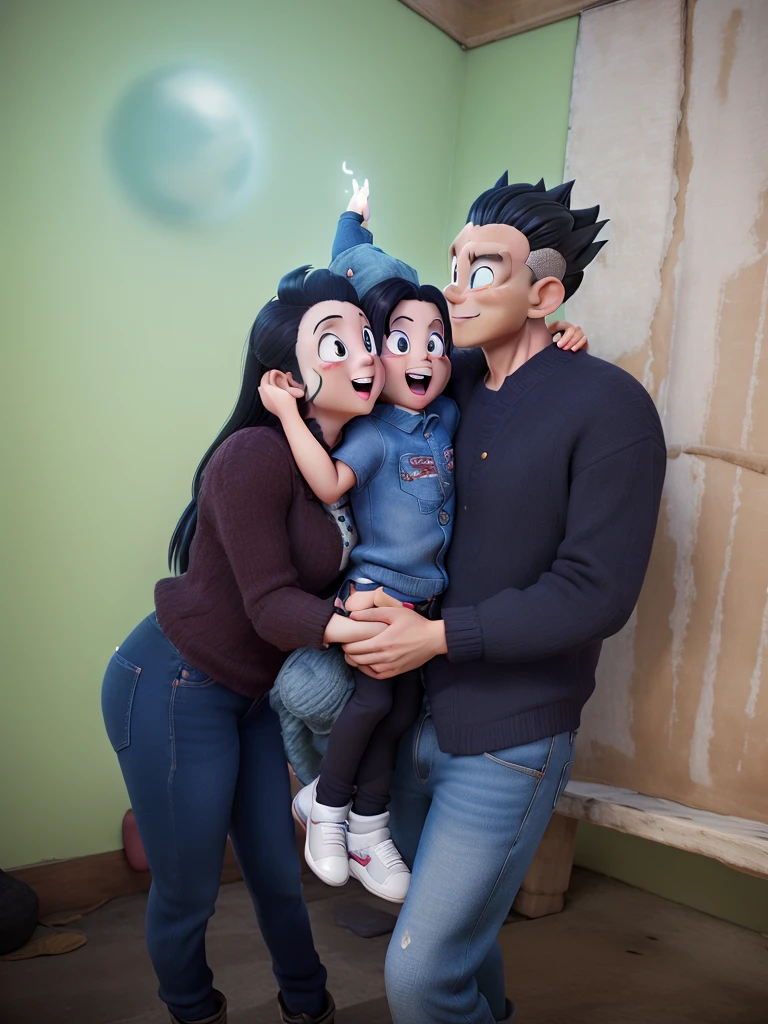 Dragon ball, super saiyajin style, black hair girl on the left, baby with blonde hair in the middle, the father with black hair on the right put beard, change the background to a dragon ball style house