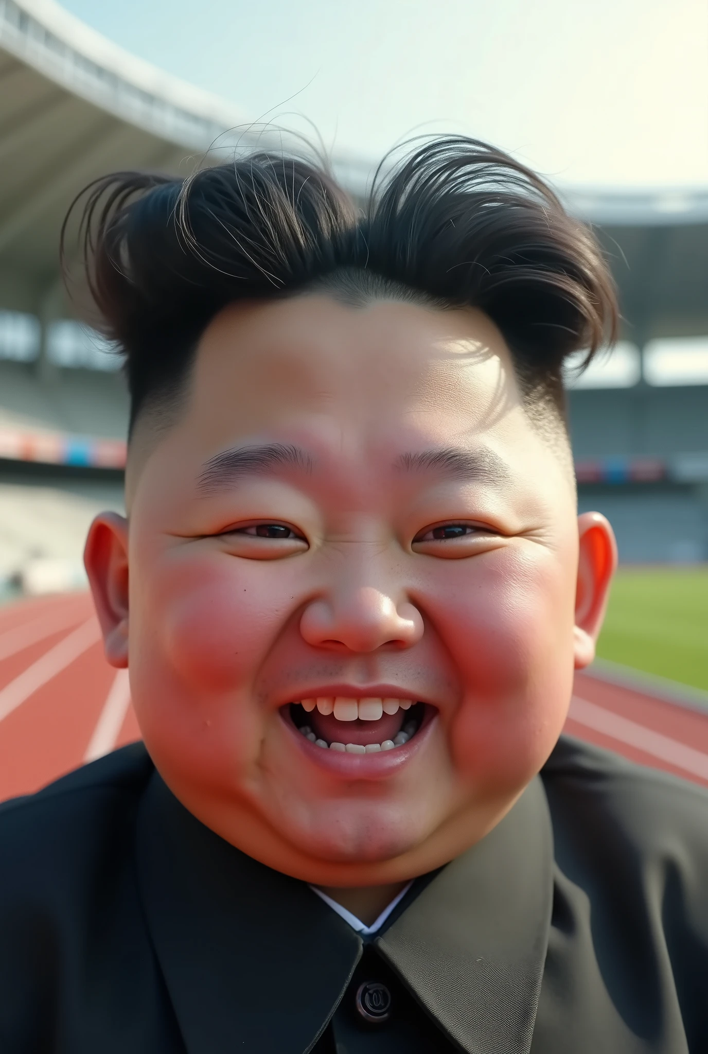 close up，The center of the picture is Kim Jong-un，bloated body， Happy Smile， slightly messy hair ，The background is a track and field stadium，real photography texture，Professional lighting，Ultra High Resolution，8K Ultra HD only，cinematic graphics，Best Quality，Masterpiece
