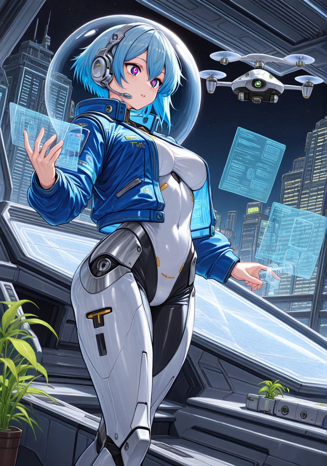 (masterpiece, best quality:1.2), ultra-detailed, high resolution, extremely detailed CG, unity 8k wallpaper, perfect anatomy, highly detailed, beautiful eyes, exactly five fingers, anatomically accurate, 1girl,solo,breasts, (beautiful anime-style girl:1.3), (short blue futuristic jacket:1.2), (silver mechanical headset:1.2), (short hair, slightly floating due to zero gravity:1.1), (large expressive eyes:1.2), (holographic device in hand:1.2),(cyberpunk futuristic space colony:1.3), (transparent dome covering the city:1.2), (bioluminescent plants:1.1), (flying drone taxis:1.2), (holographic advertisements:1.2), (massive spaceport with docked spaceships:1.3), (terraforming facility visible in the distance:1.1), (sci-fi atmosphere, neon lights, advanced technology, detailed background),handfixer