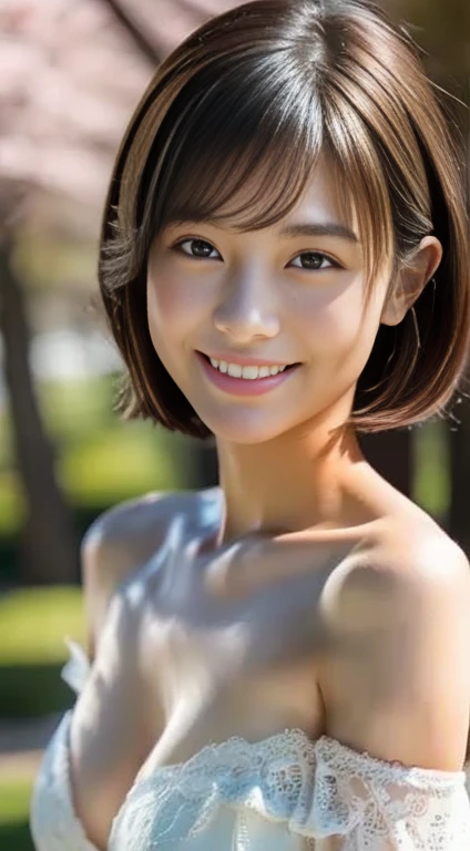 Realistic、Highest quality、Highest quality、masterpiece、Ultra-high resolution、RAW Photos、Realistic、Bright lighting、Face Light、Smooth Professional Lighting、Completely naked、Nipples are visible、Looking into the camera、alone、Adult female、Beautiful woman、Super Beauty、Realistic肌、Moisturized Skin、Realistic eyes and faces、Perfect model body shape、Beautiful Eyes、Big eyes、smile、Inconspicuous tear bags、slim、Big Breasts、Very good、No makeup、Beautiful fingers、Very short hair、Dark black hair、black eye、seems to be happy、(Both ears are hidden by hair)、