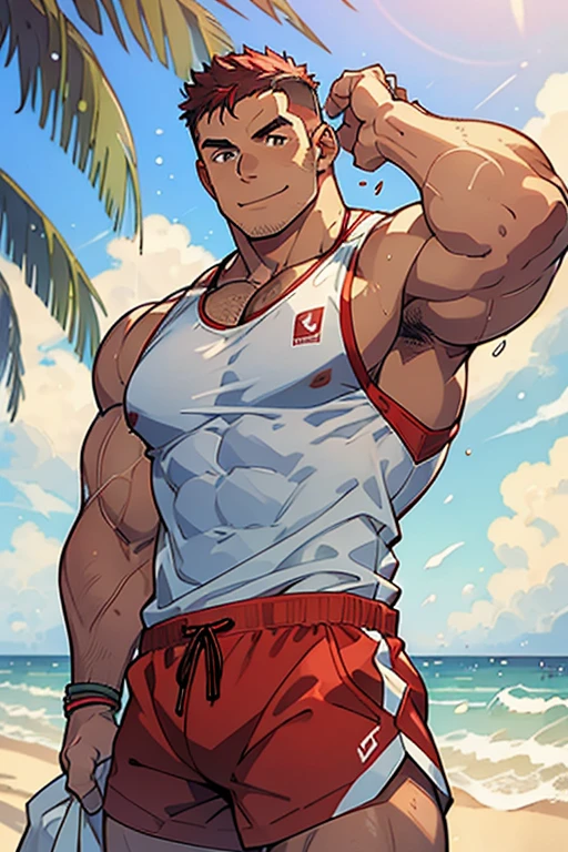 Gay hot brunette man, bara, massive bulge in swim shorts, one man, solo, wearing a swim suit, shirtless, six pack abs, beach, wet shorts, standing
