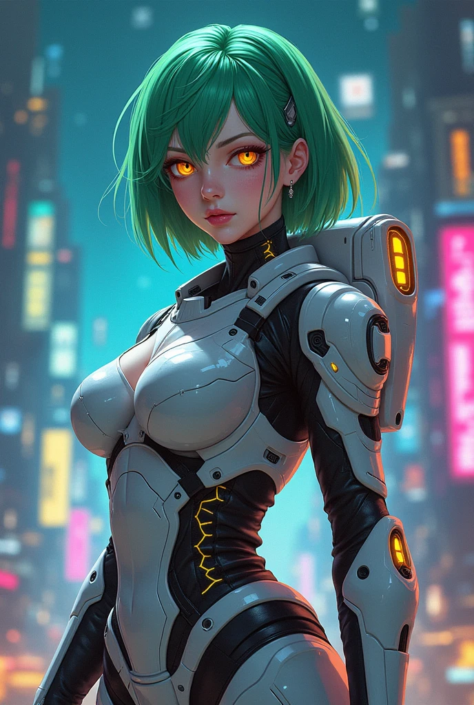 wide hips, flequillo de pelo, raidenshogun clothes, light green hair, punk girl, hair ribbon, brained hair, fine, shini skin, brown skin, 1 girl, dog ears, hair over eyes, hair over two eyes, huge hips, black messi shirt, very short shorts blue