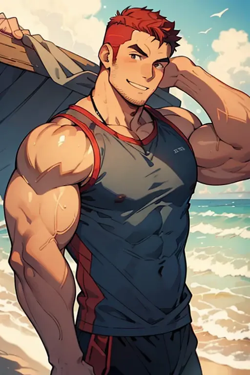 ((best quality)), ((masterpiece)), ((detailed)), (((perfect face))), (((well built man))), (((male))), (((blue sunglasses)), (((white shorts, large bulge))), (((thick legs))), (((abs))), (((perfect body))), (((muscular))), (((evil smirk))), (((looking at viewer))), (((beach, rocks))), (((hands on hips))), (((blonde hair))), (((facial hair:0.9))), (((chest hair:0.9))), (((bare chest))), ((bare arms)), ((bare shoulders))