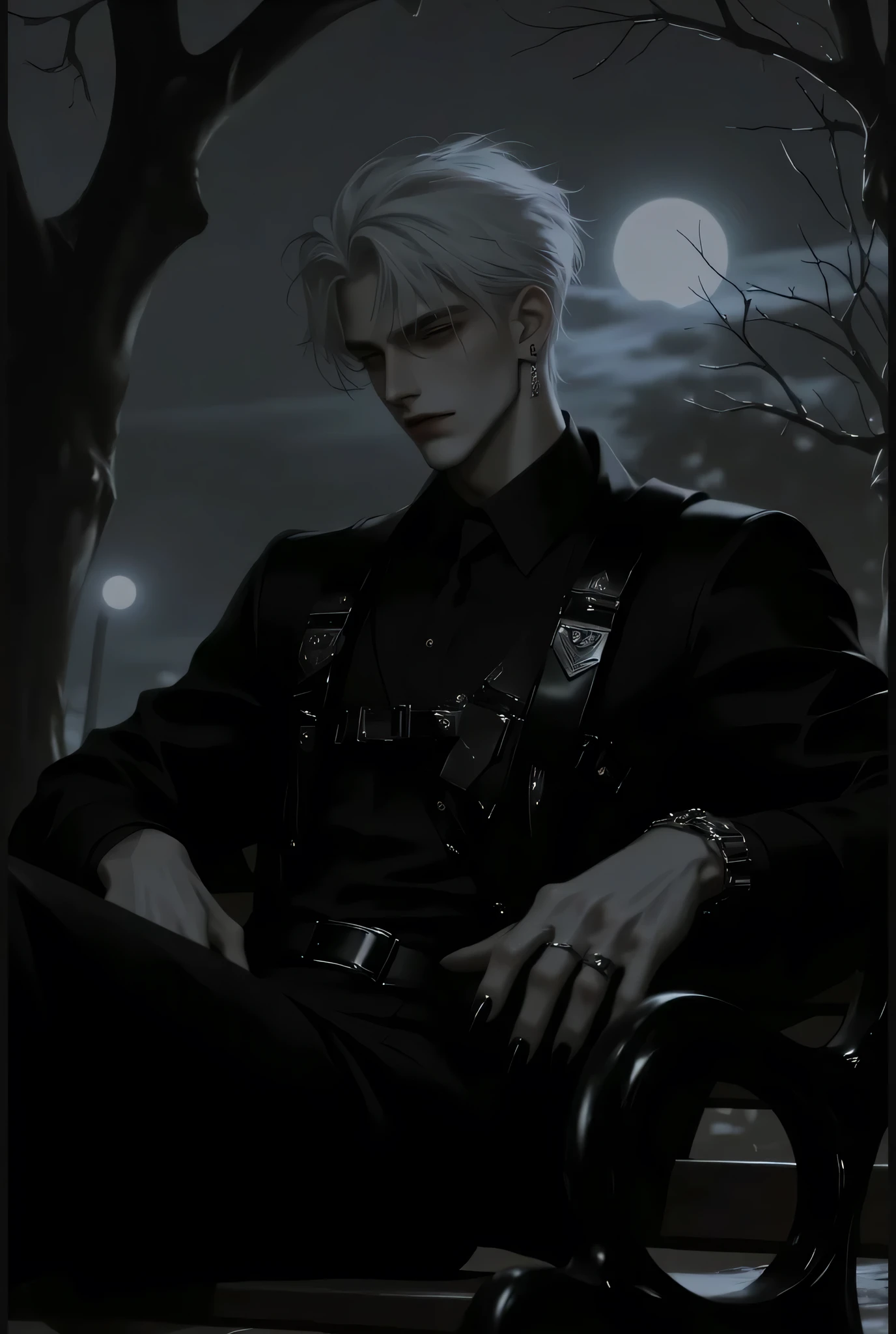 A tall and imposing man sits on a park bench, his barely discernible silhouette in the gloom. The scant moonlight filters through the bare branches, barely outlining his figure with a faint and cold glow. His posture is firm , with his shoulders straight and his head slightly tilted, as if he were studying something beyond the frame. . His mere presence exudes trust and danger.
He wears a tight black shirt, marking every contour of his worked physique. About her, a police harness is attached to his torso, praising his disciplined behavior and ready for action. The garment, functionally looking, adds a tactical and professional to his image.
His white and disheveled hair falls into rebellious locks, giving it an appearance of calculated indifference. His face emerges for moments from the gloom, , revealing a firm jaw and a serious expression, almost analytical . There is something in his gaze—hidden in the shadows—that suggests constant evaluation, as if he were always measuring the next movement.
In his left hand, a silver ring in the shape of a snake shines with a fleeting flash under the dim lighting. His legs are crossed in the shape of 4 while he is seated, , projecting an image of tense calm and absolute control.
The space around him is empty and silent, but his mere presence fills him with latent tension. He doesn't need words or ornaments; his figure speaks for itself. Elegance and danger are intertwined in his image, as if he were waiting for the exact moment to act.