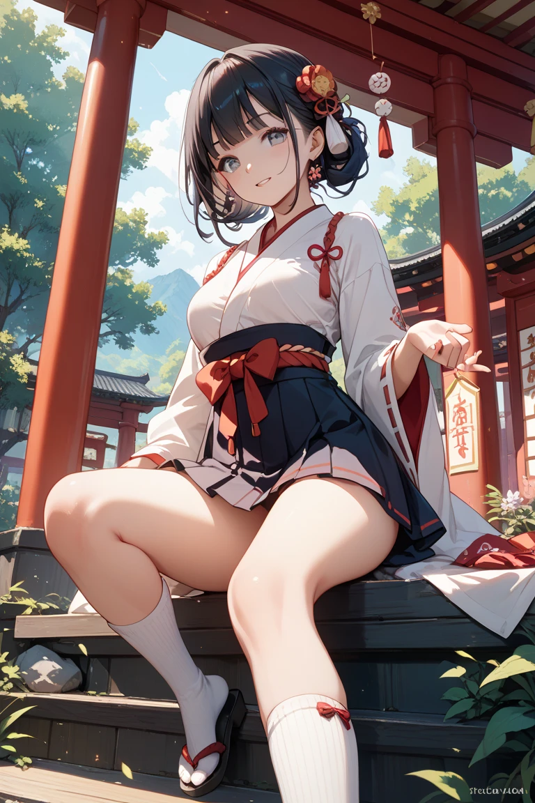 masterpiece, best quality, very aesthetic, absurdres, 1girl, school girl uniform, large breast, Shrine, top of the stairs, up skirt,  panties, legs apart, blush, key visual, highly detailed, looking at viewer