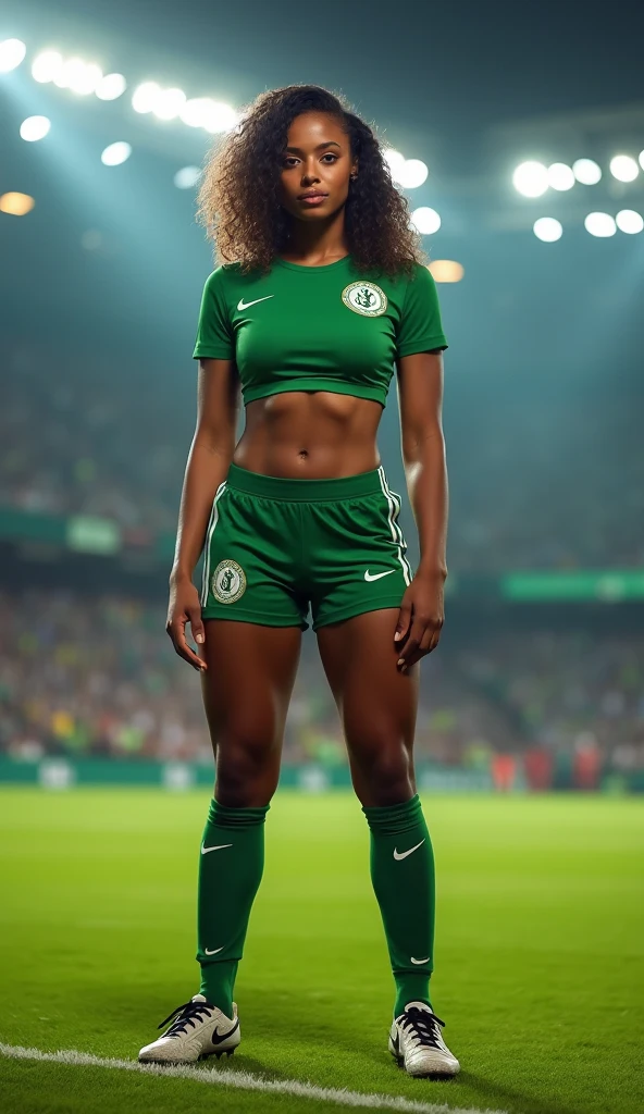African woman, gorgeous and well-proportioned, dark skin, standing, wearing a Senegal football jersey in the colors of green, yellow, and red with a star on the chest, curvy figure, extremely beautiful light brown eyes, beautiful detailed lips, natural and voluminous hair,light skin